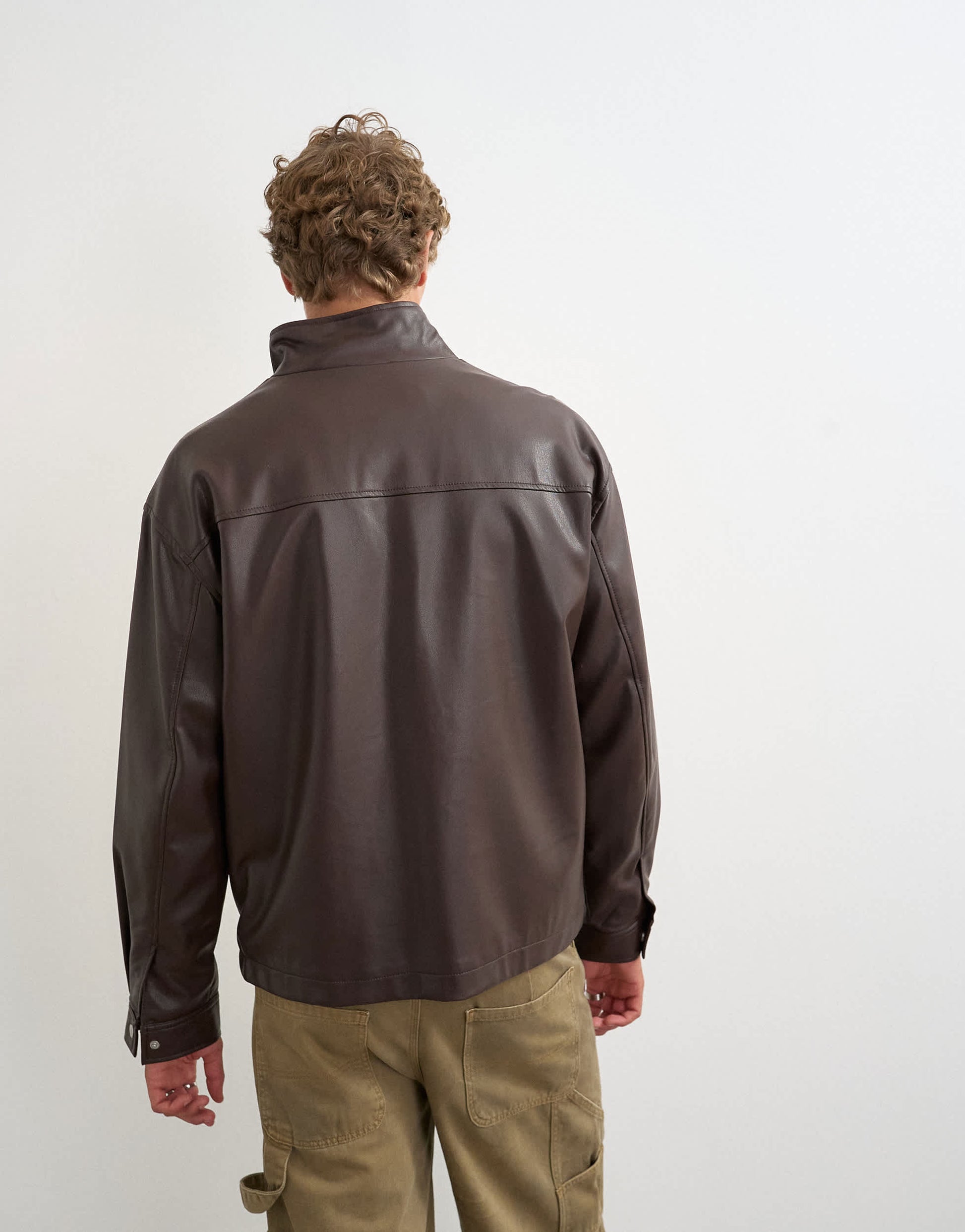 Topman oversized fit faux leather 1/4 zip funnel neck jacket in brown