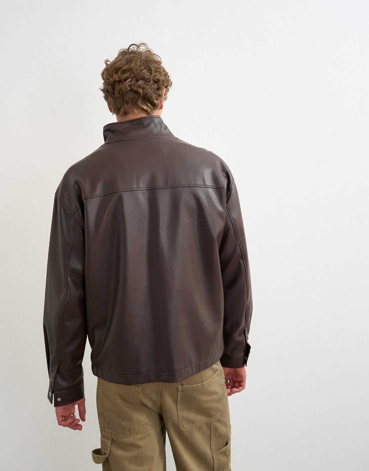 Topman oversized fit faux leather 1/4 zip funnel neck jacket in brown