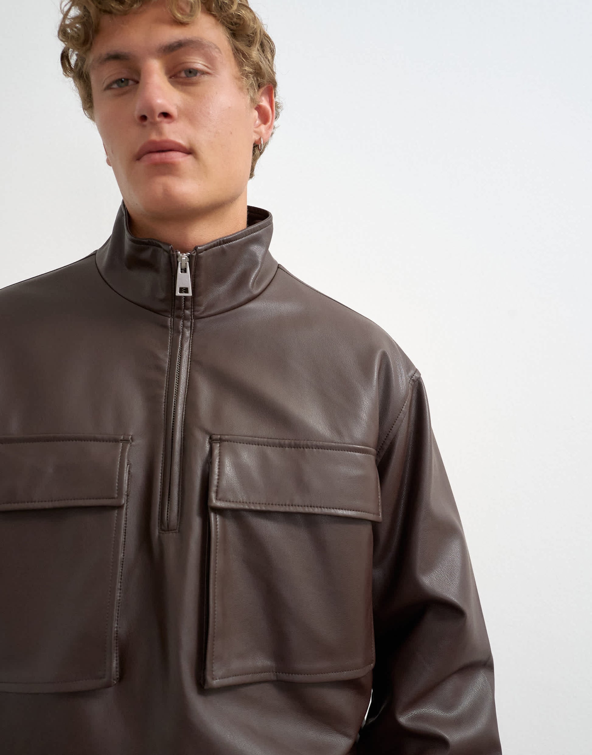 Topman oversized fit faux leather 1/4 zip funnel neck jacket in brown