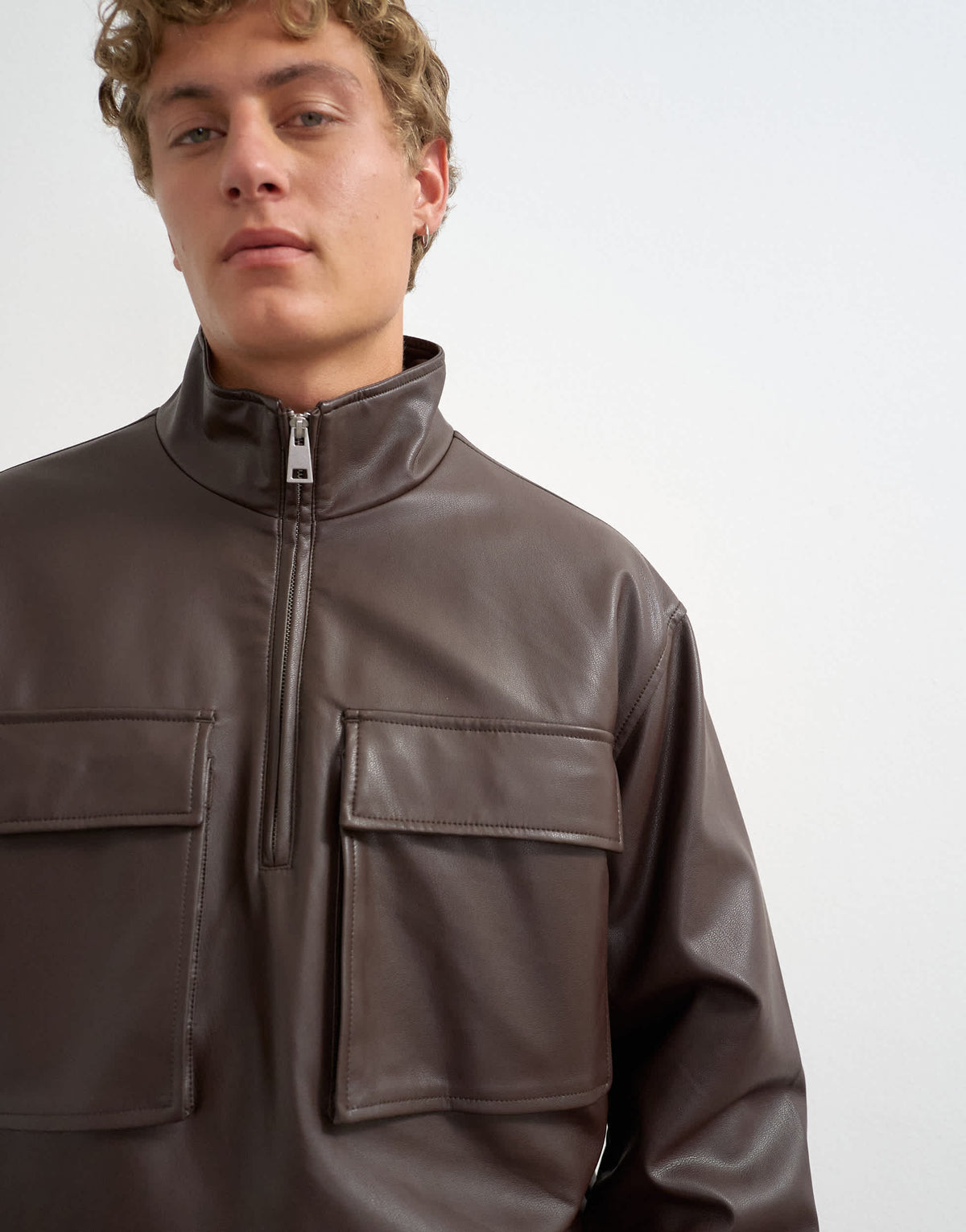 Topman oversized fit faux leather 1/4 zip funnel neck jacket in brown