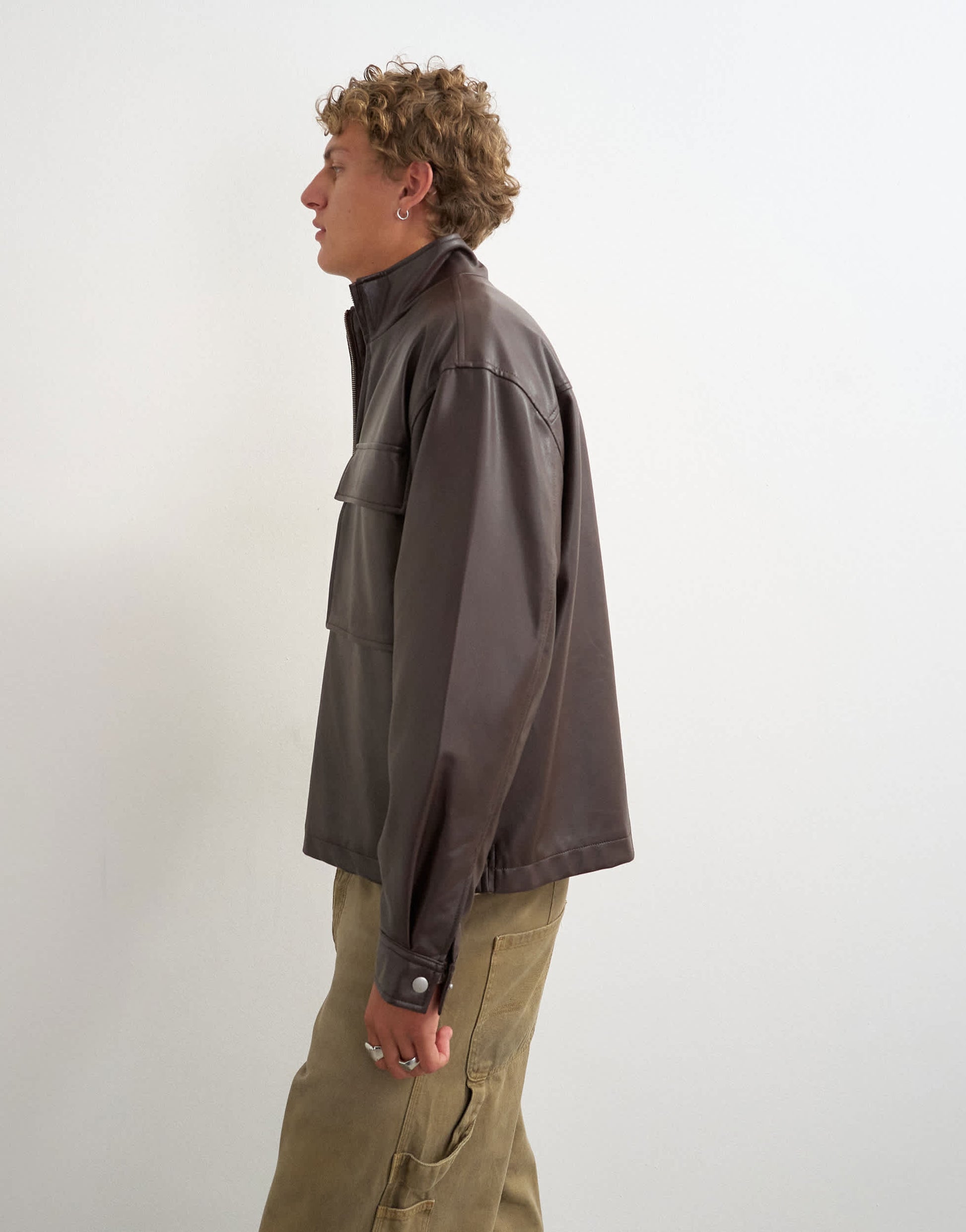 Topman oversized fit faux leather 1/4 zip funnel neck jacket in brown