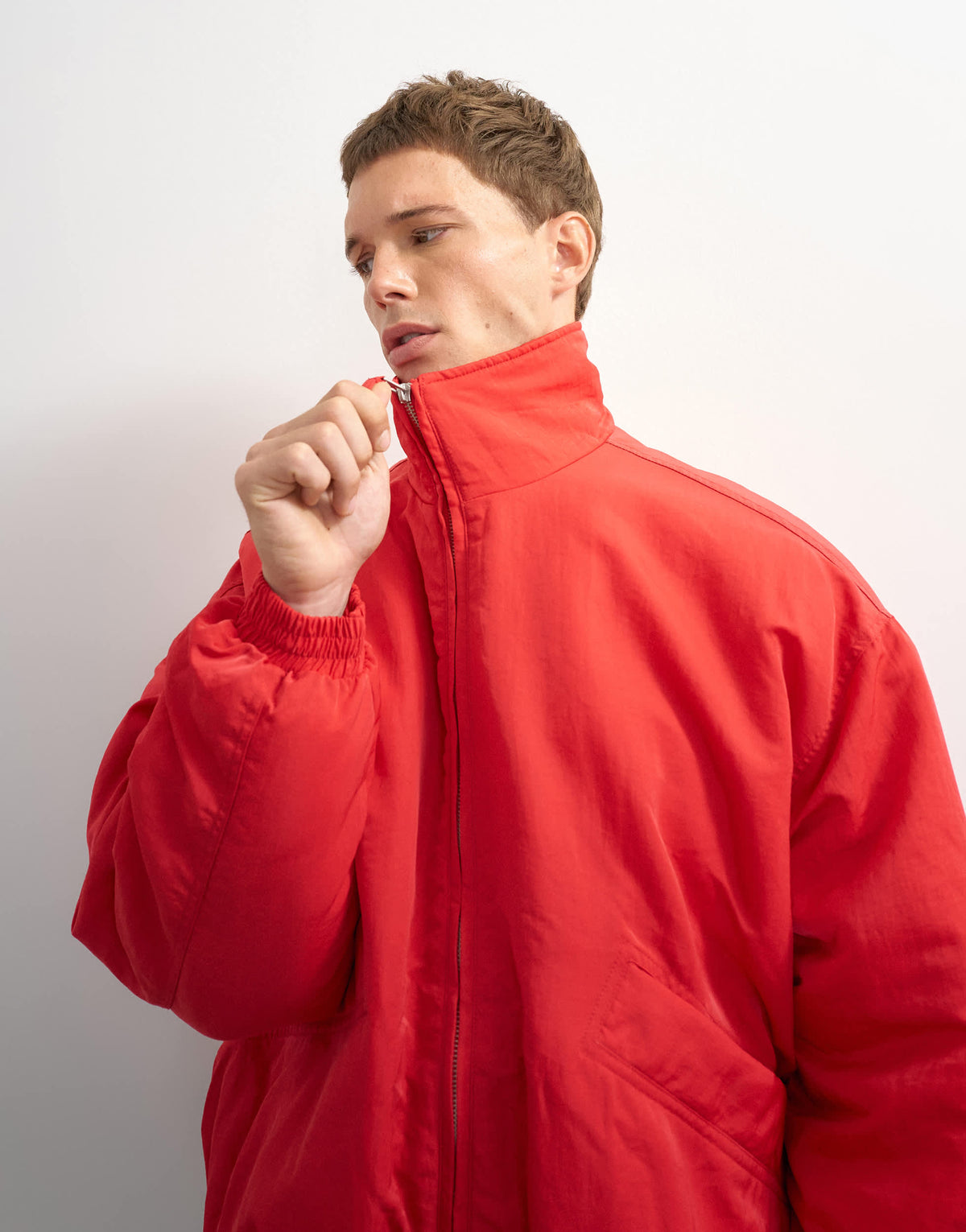 Topman oversized fit twill nylon funnel neck bomber jacket in red