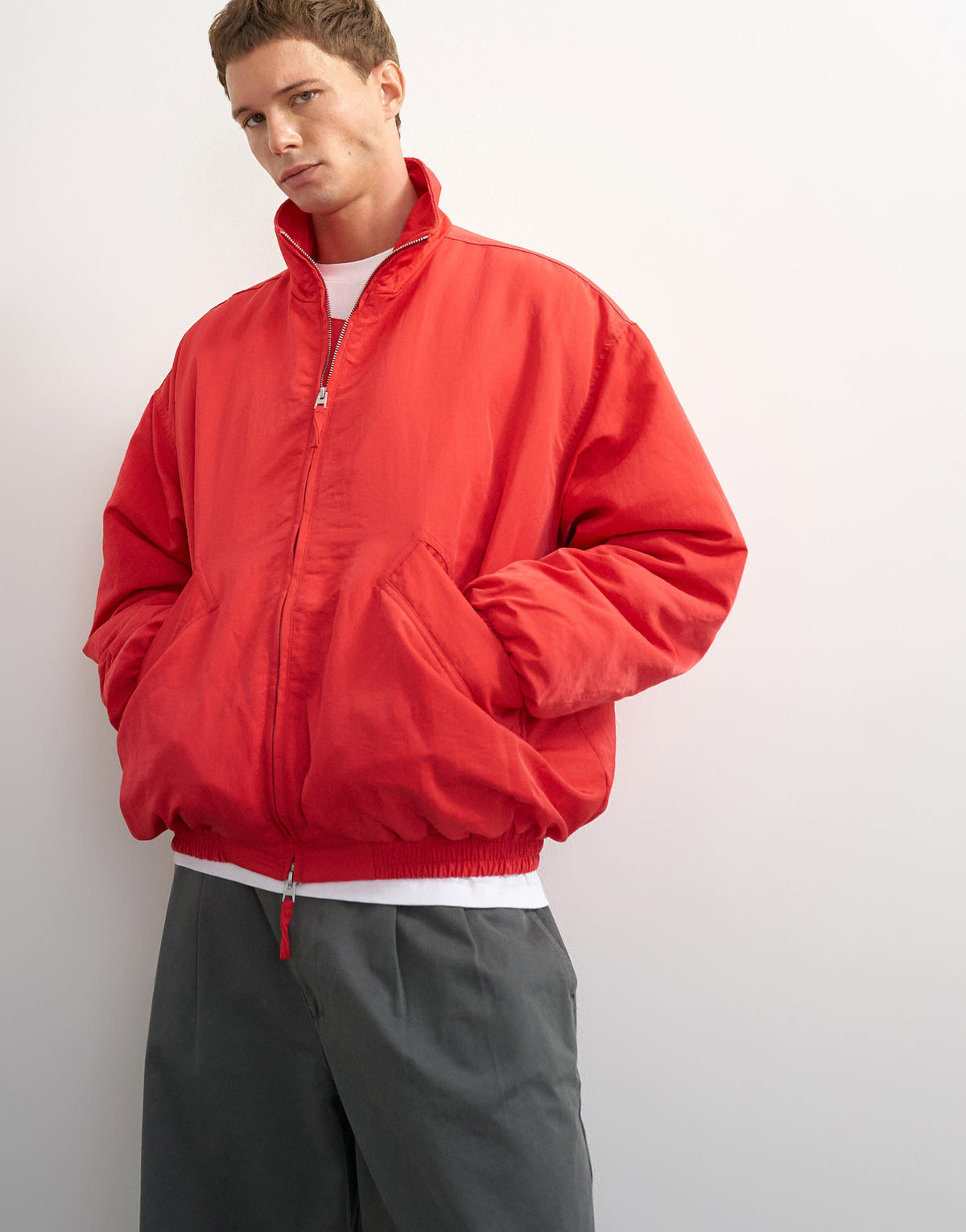 Topman oversized fit twill nylon funnel neck bomber jacket in red