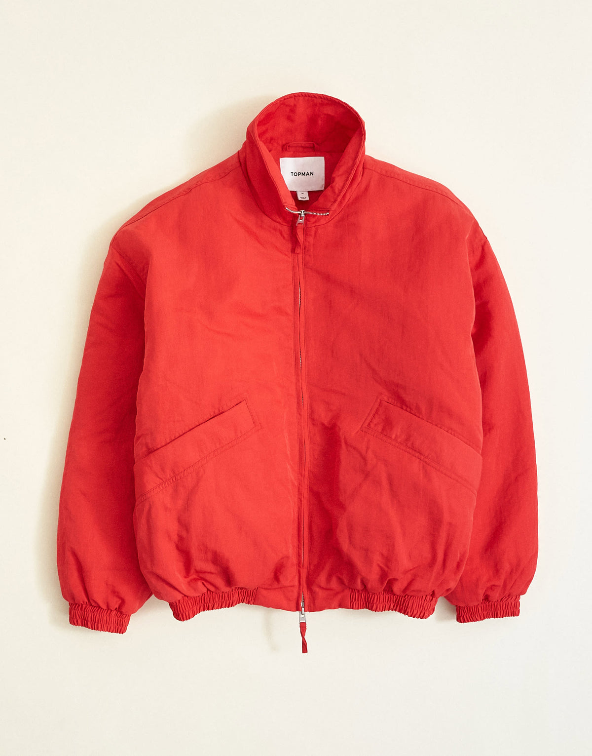 Topman oversized fit twill nylon funnel neck bomber jacket in red
