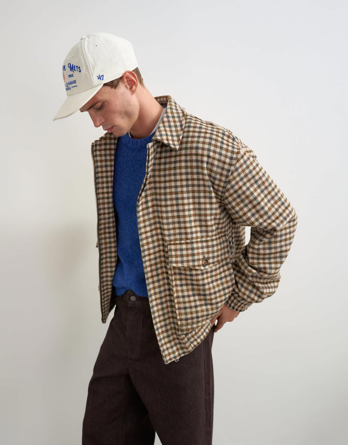 Topman relaxed fit faux wool check harrington with double zip in neutral