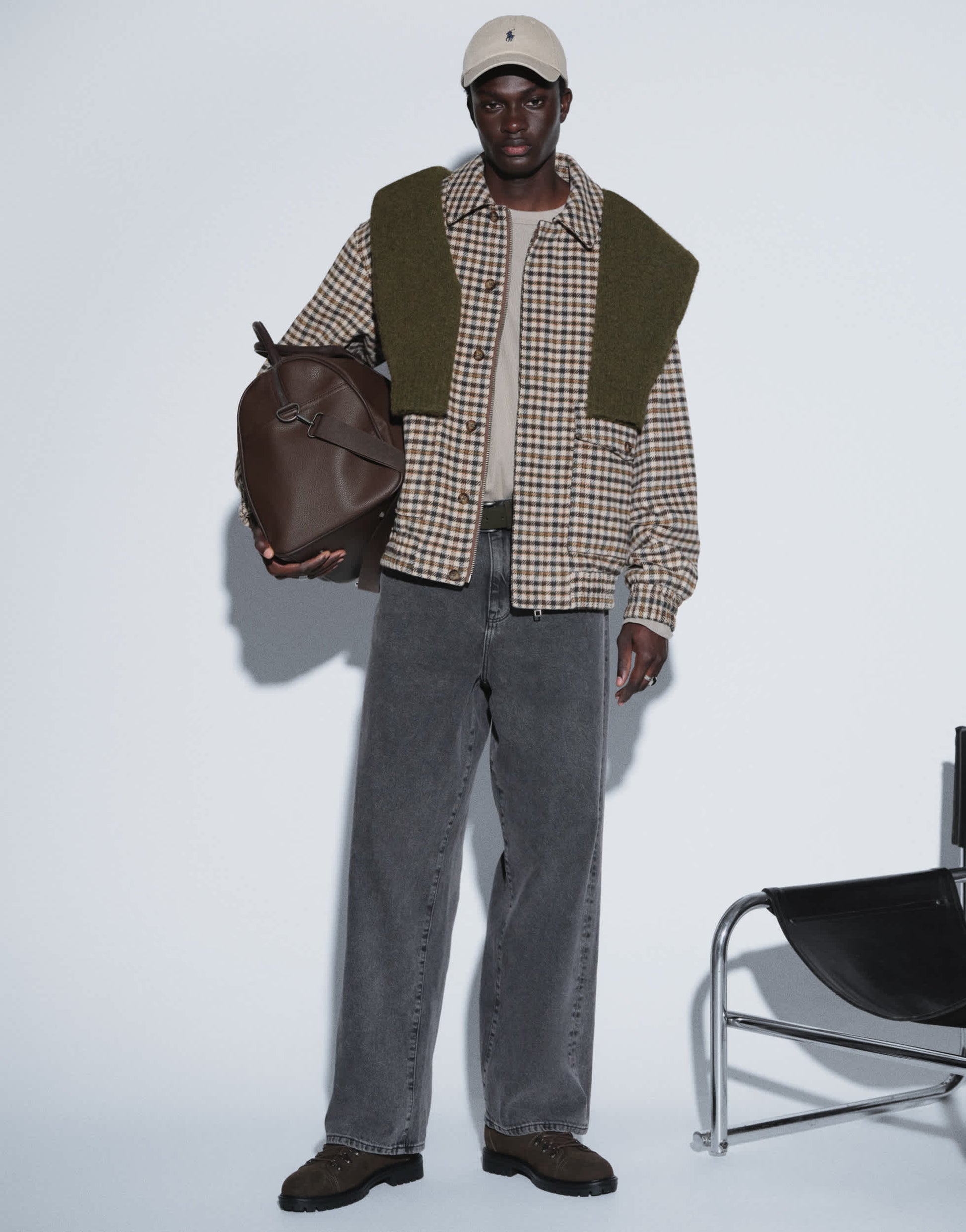 Topman relaxed fit faux wool check harrington with double zip in neutral