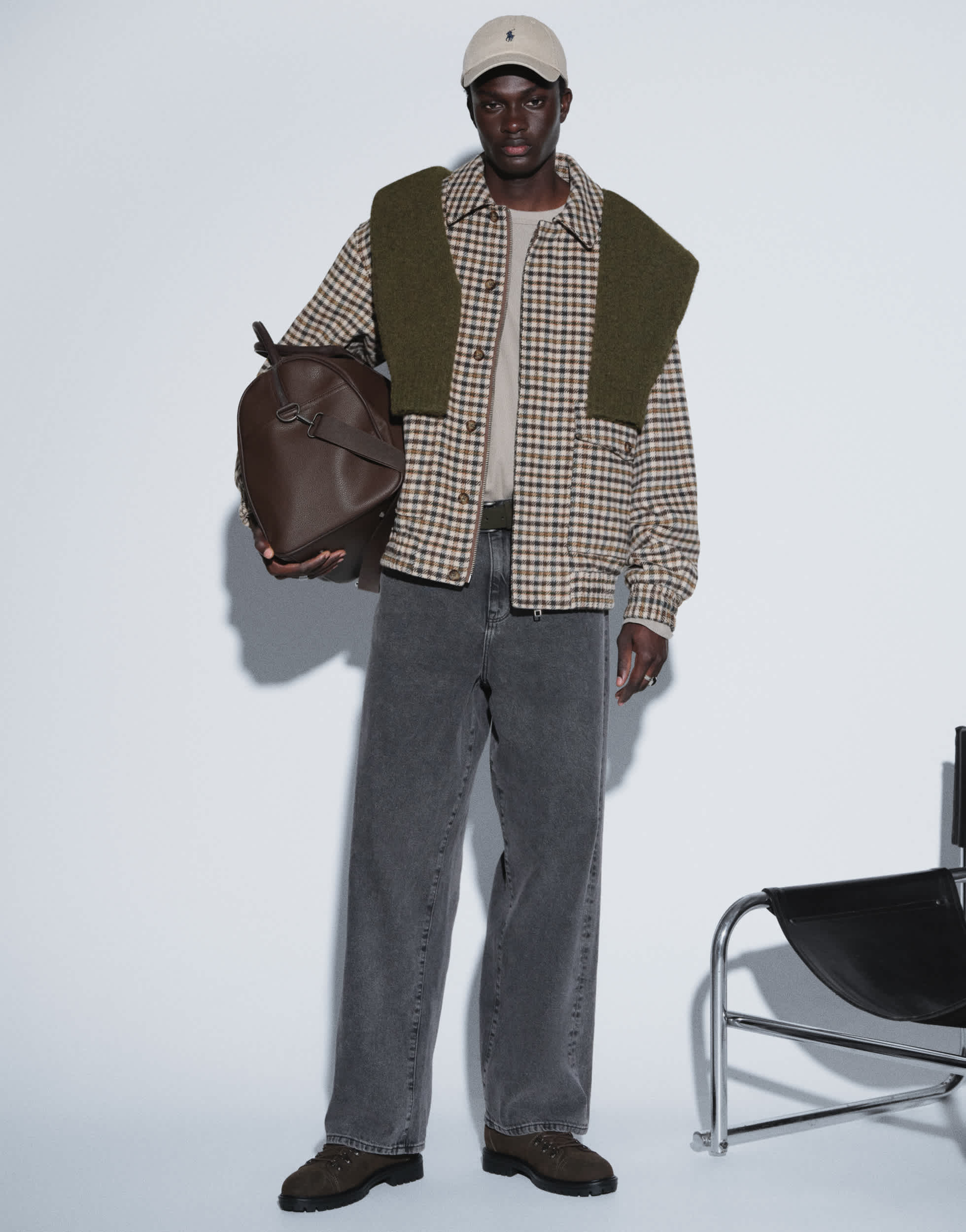 Topman relaxed fit faux wool check harrington with double zip in neutral