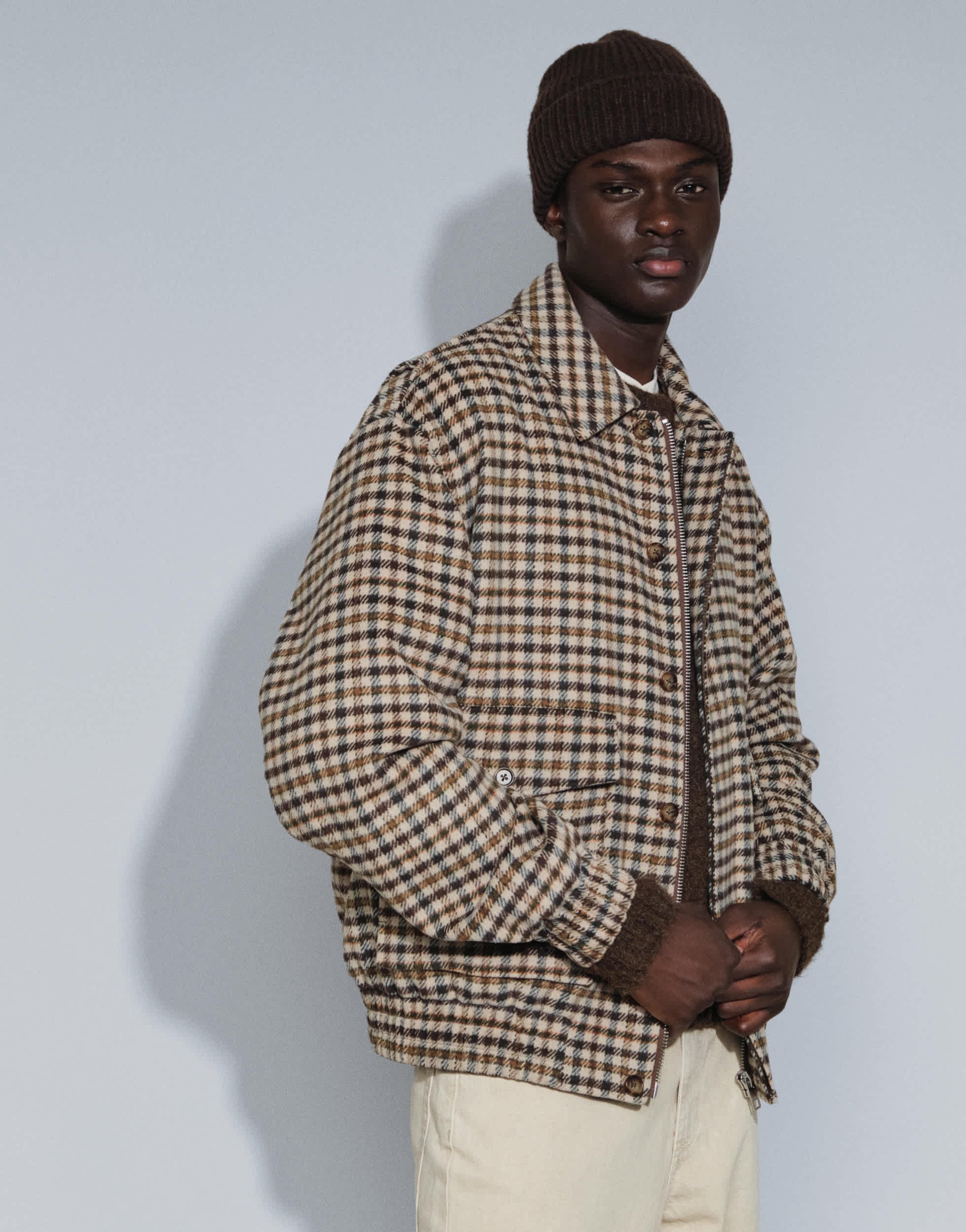 Topman relaxed fit faux wool check harrington with double zip in neutral