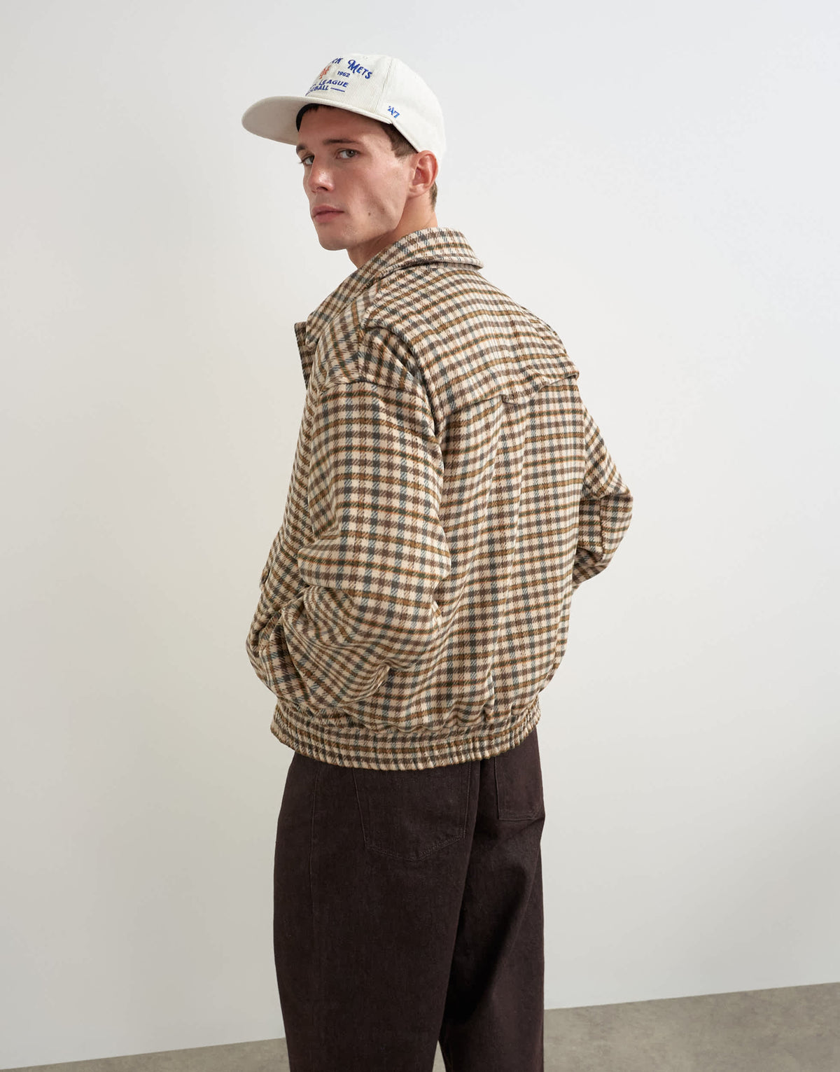 Topman relaxed fit faux wool check harrington with double zip in neutral