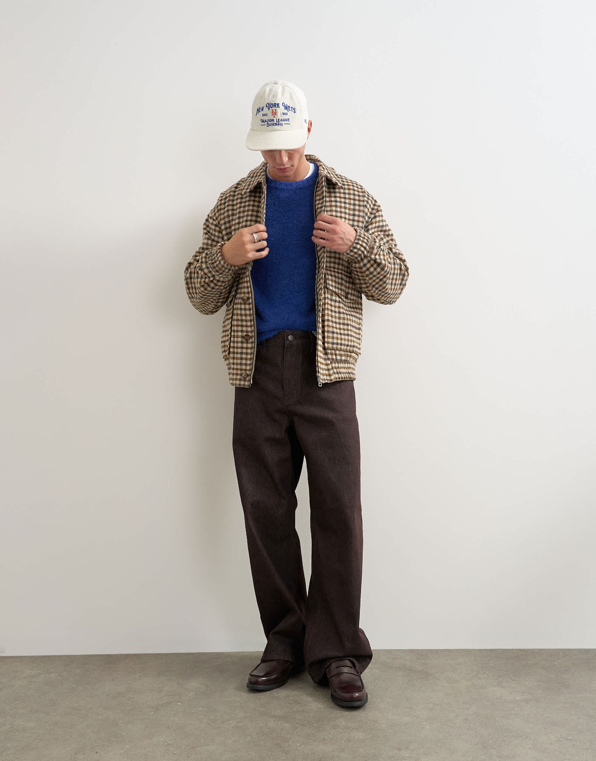 Topman relaxed fit faux wool check harrington with double zip in neutral