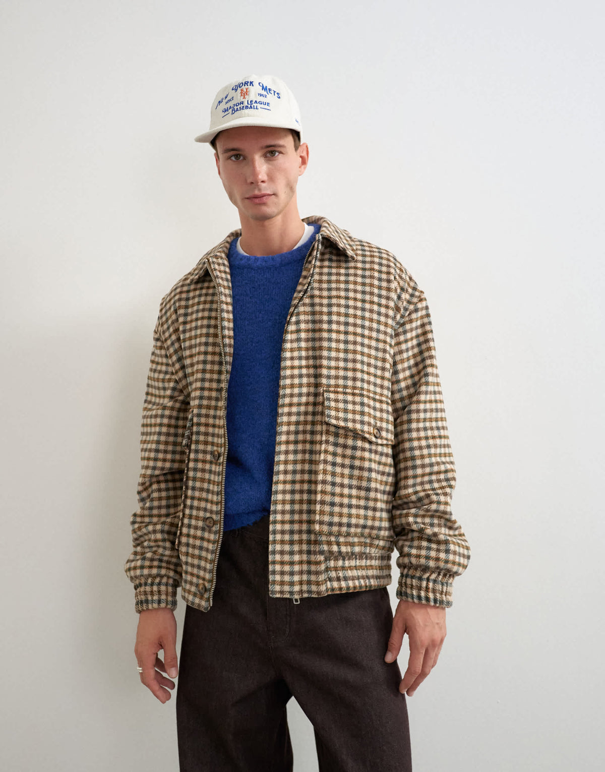 Topman relaxed fit faux wool check harrington with double zip in neutral