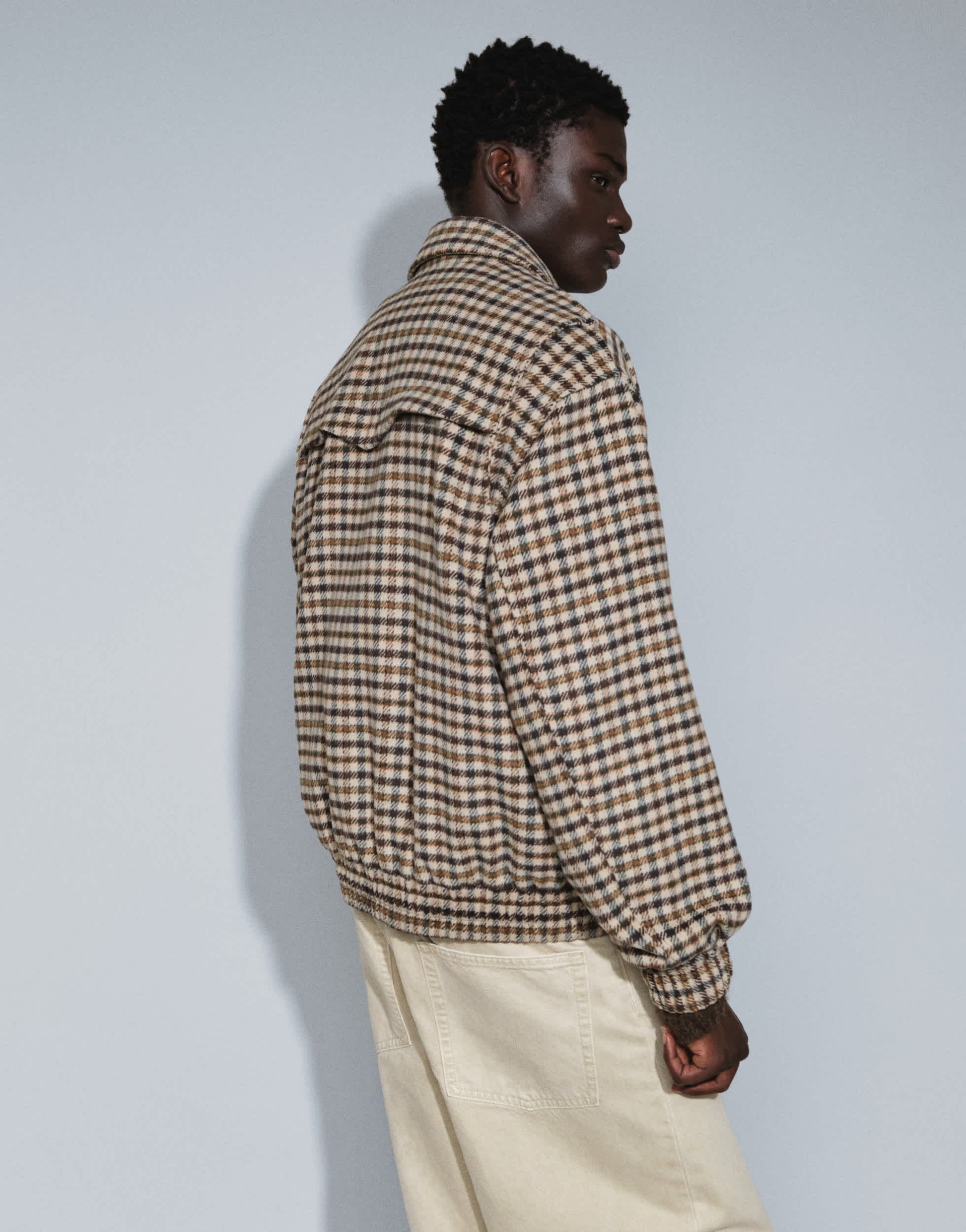 Topman relaxed fit faux wool check harrington with double zip in neutral