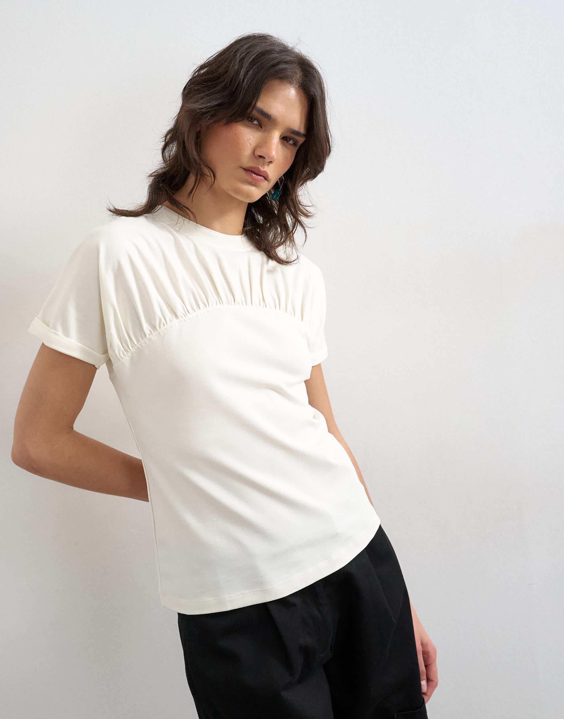 Topshop gathered yoke cap sleeve t-shirt in ecru