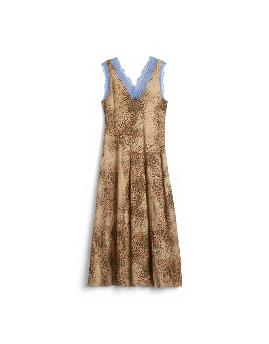 Topshop premium viscose lace insert pintucked maxi tea dress in animal print with contrast blue lace