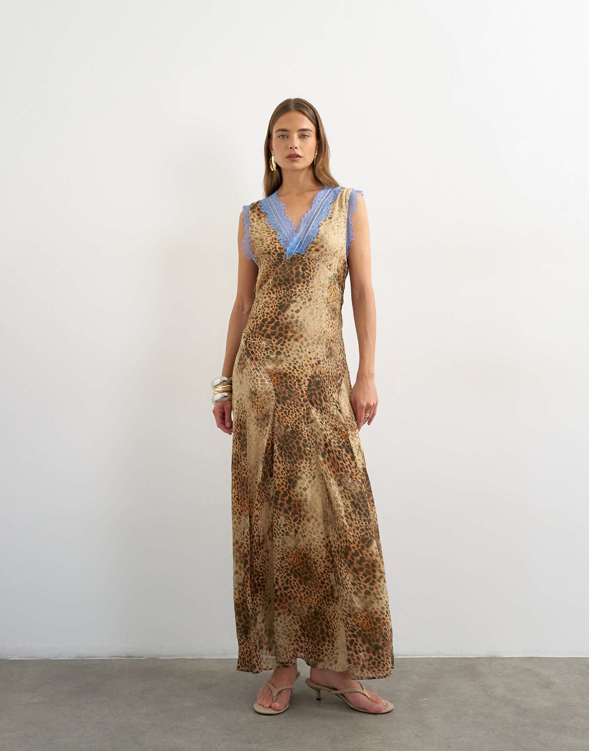Topshop premium viscose lace insert pintucked maxi tea dress in animal print with contrast blue lace