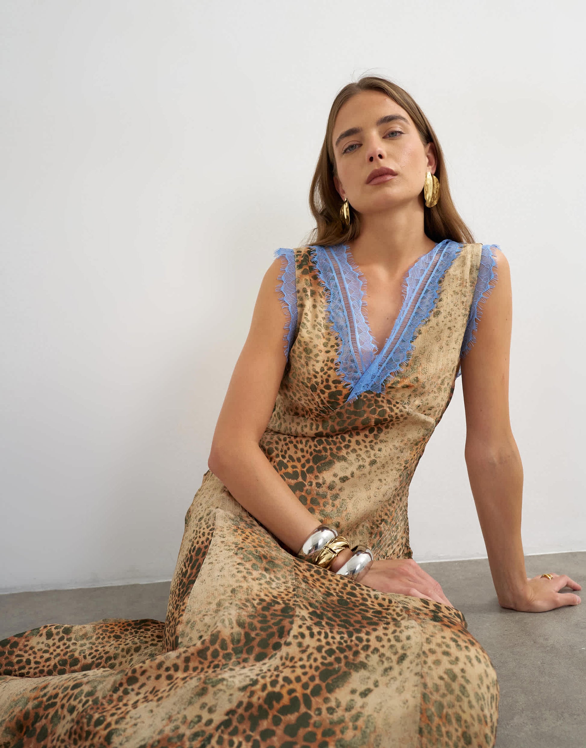 Topshop premium viscose lace insert pintucked maxi tea dress in animal print with contrast blue lace