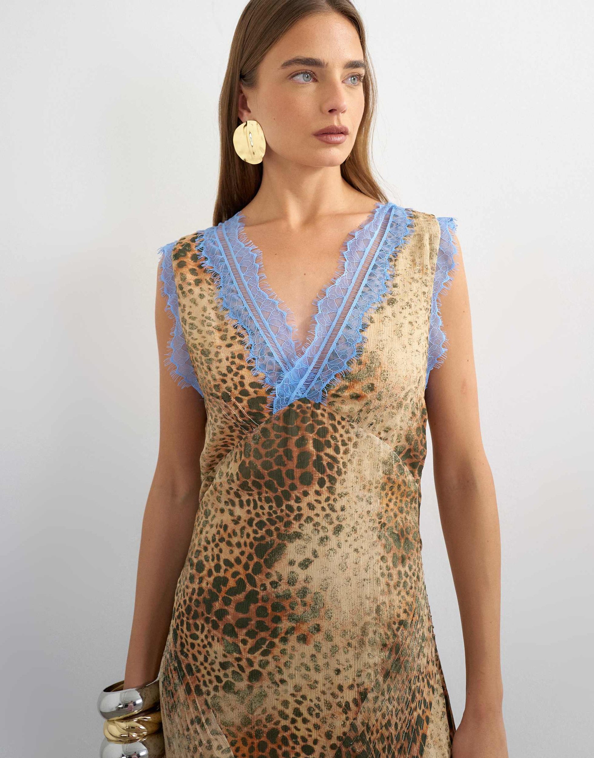 Topshop premium viscose lace insert pintucked maxi tea dress in animal print with contrast blue lace