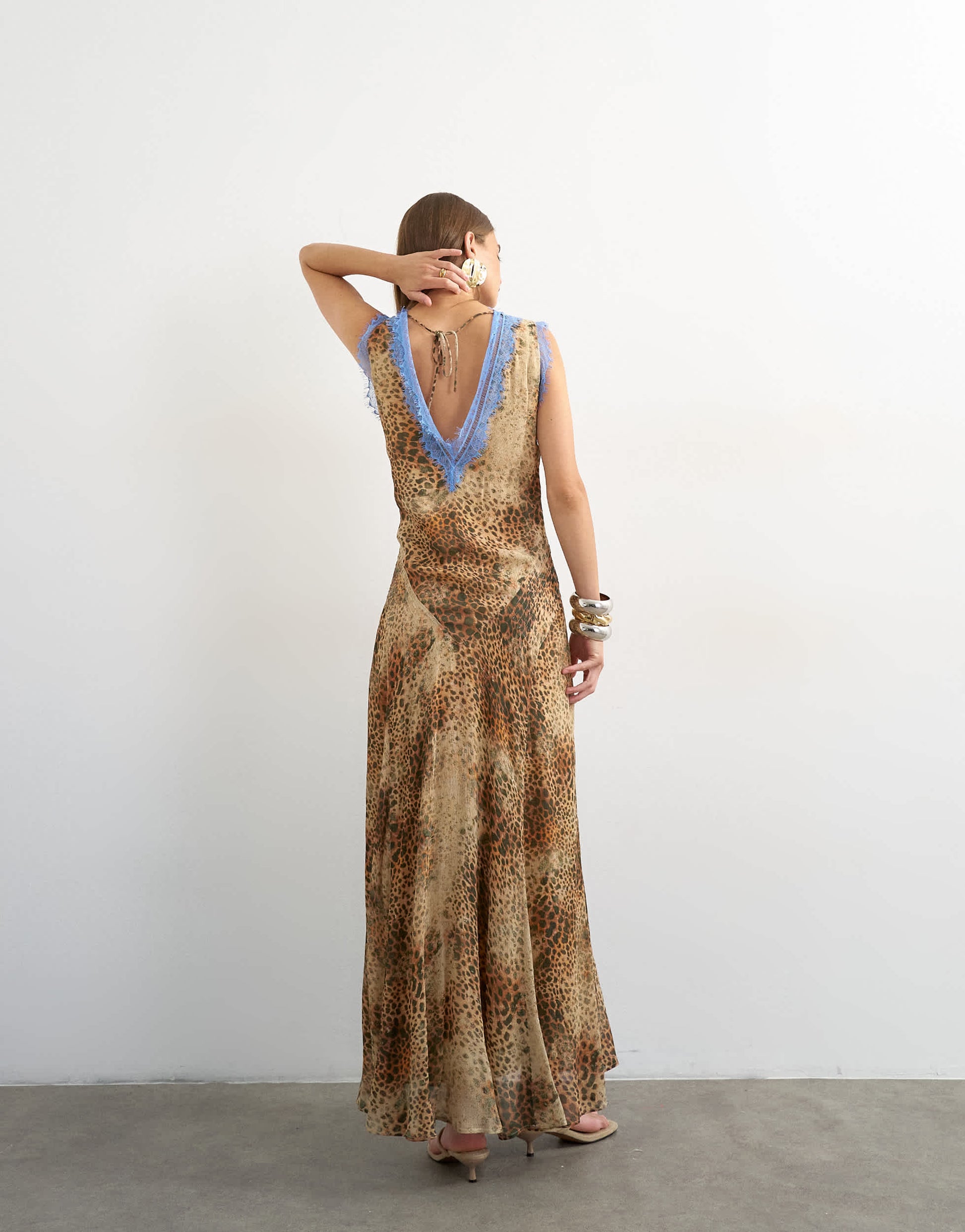 Topshop premium viscose lace insert pintucked maxi tea dress in animal print with contrast blue lace