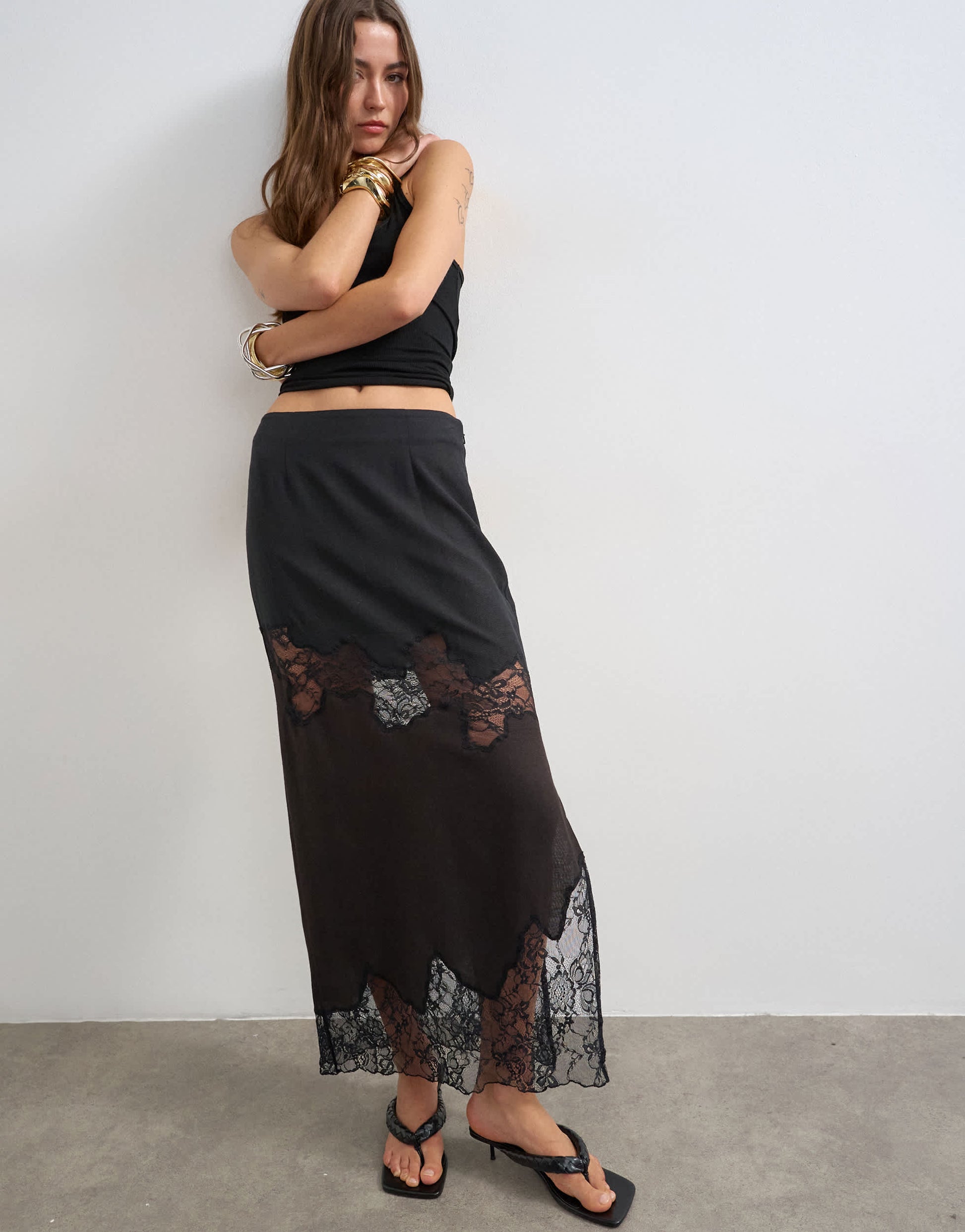 Topshop lace insert column maxi skirt in brown and black