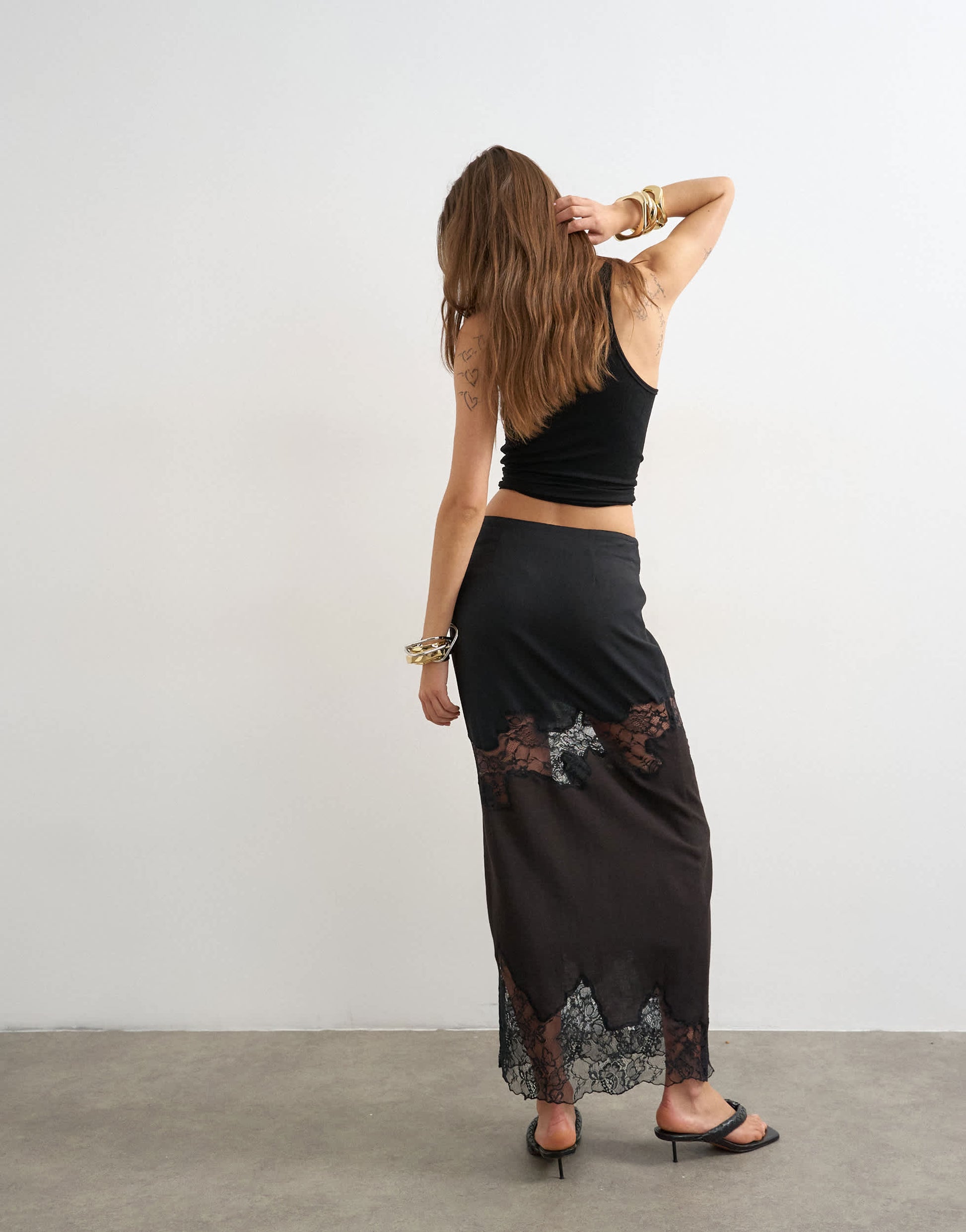 Topshop lace insert column maxi skirt in brown and black