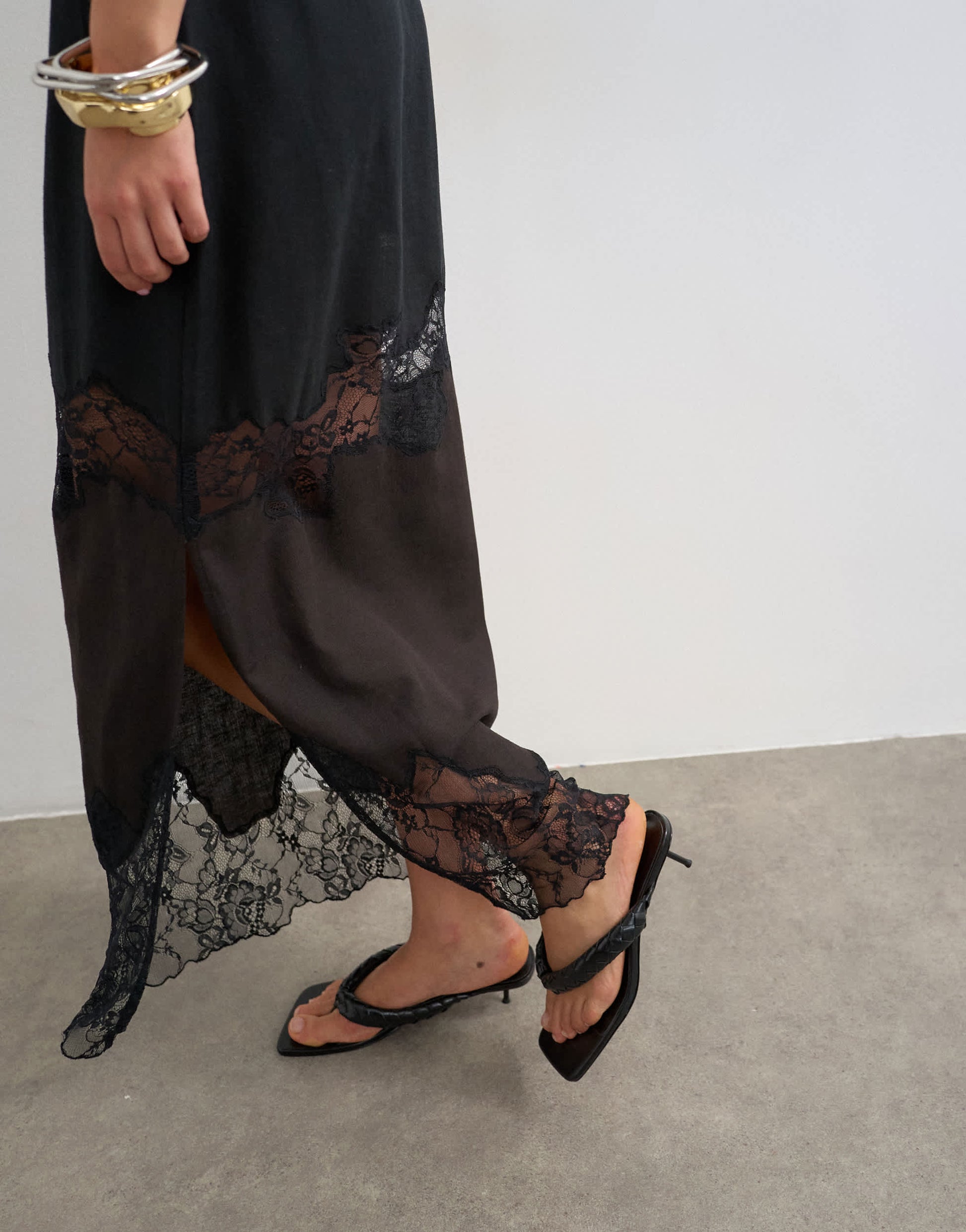 Topshop lace insert column maxi skirt in brown and black