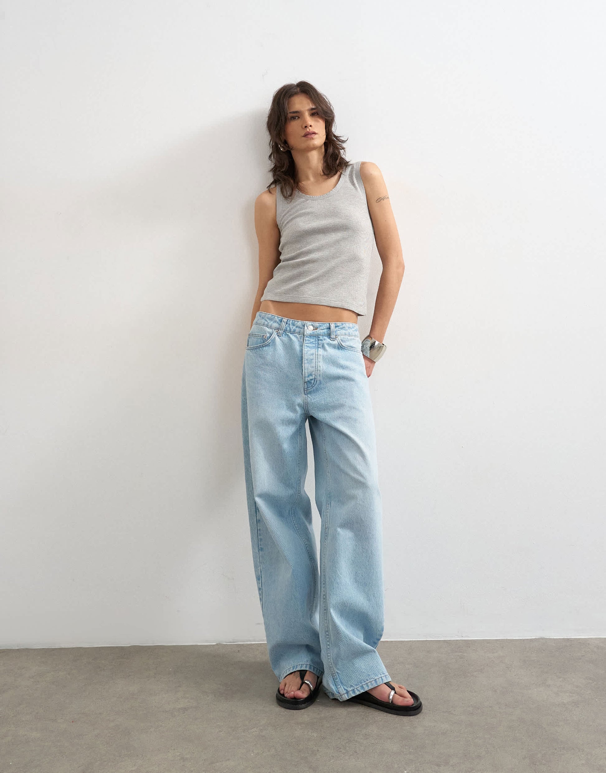 Topshop washed waffle vest with woven trim in grey marl