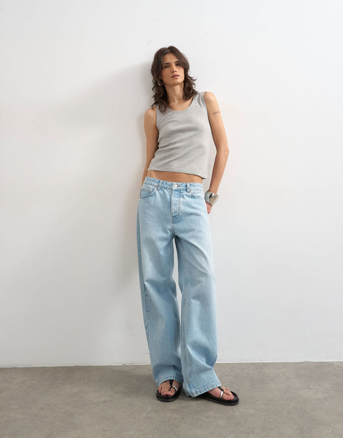 Topshop washed waffle vest with woven trim in grey marl