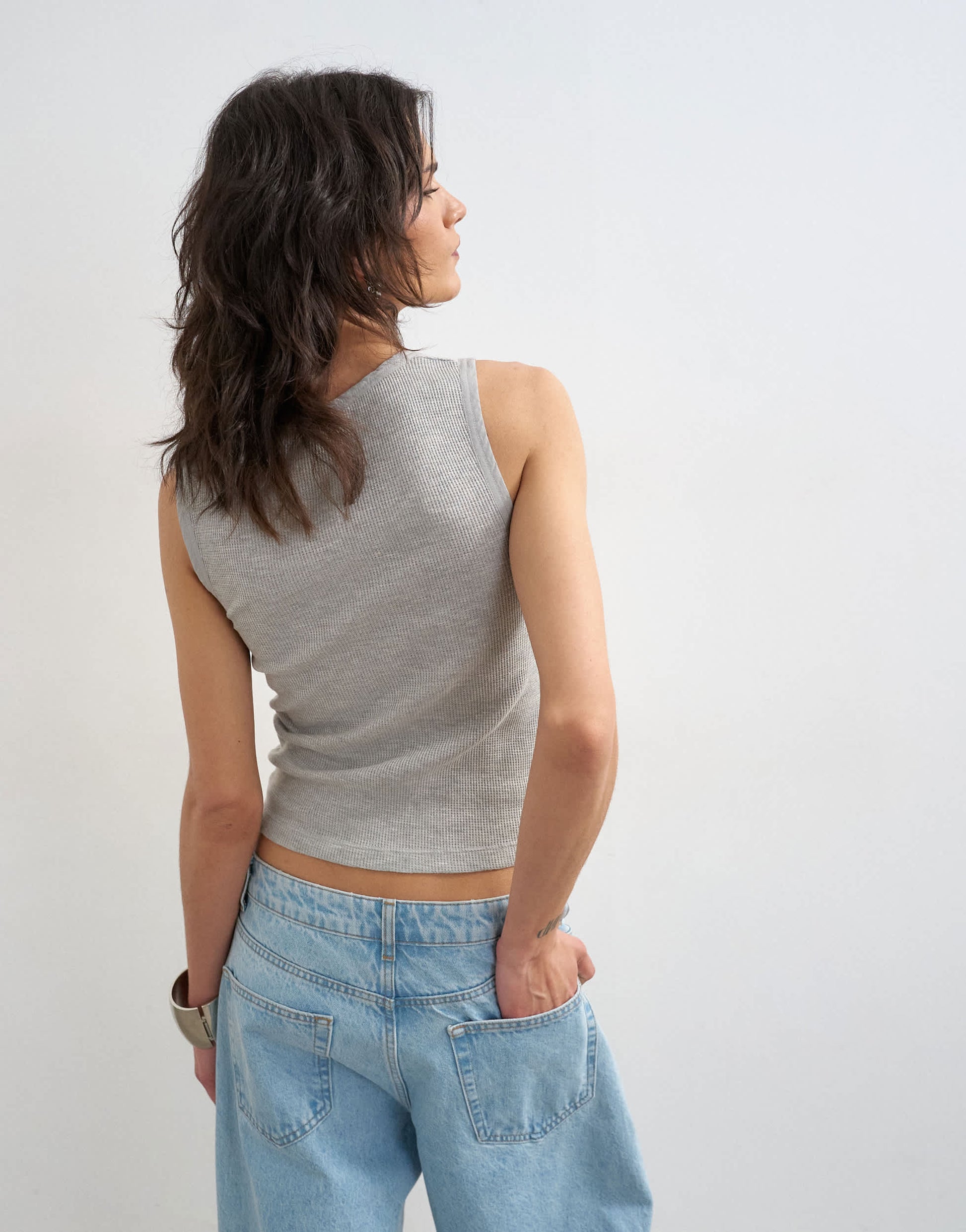 Topshop washed waffle vest with woven trim in grey marl