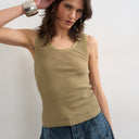 Topshop washed waffle vest with woven trim in khaki