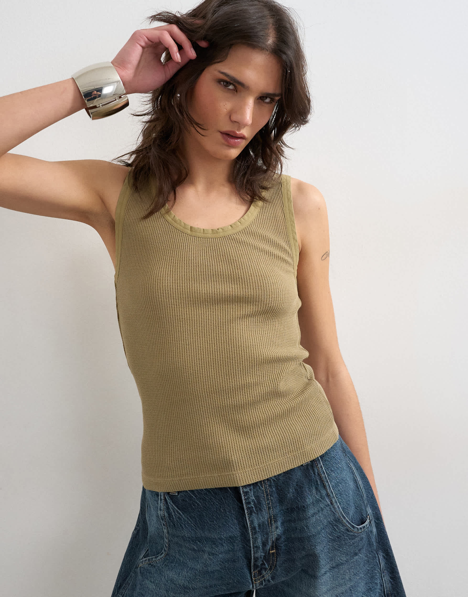 Topshop washed waffle vest with woven trim in khaki
