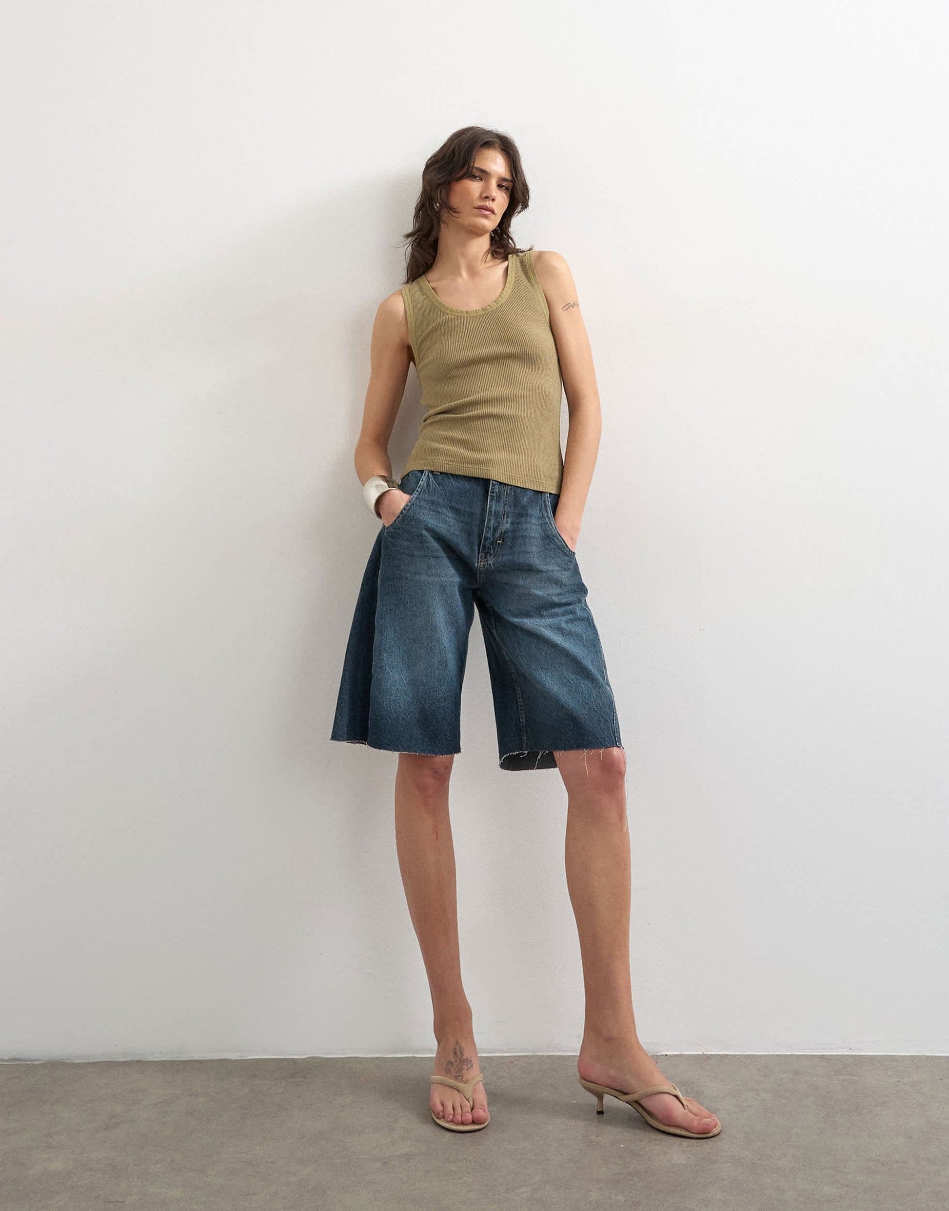 Topshop washed waffle vest with woven trim in khaki