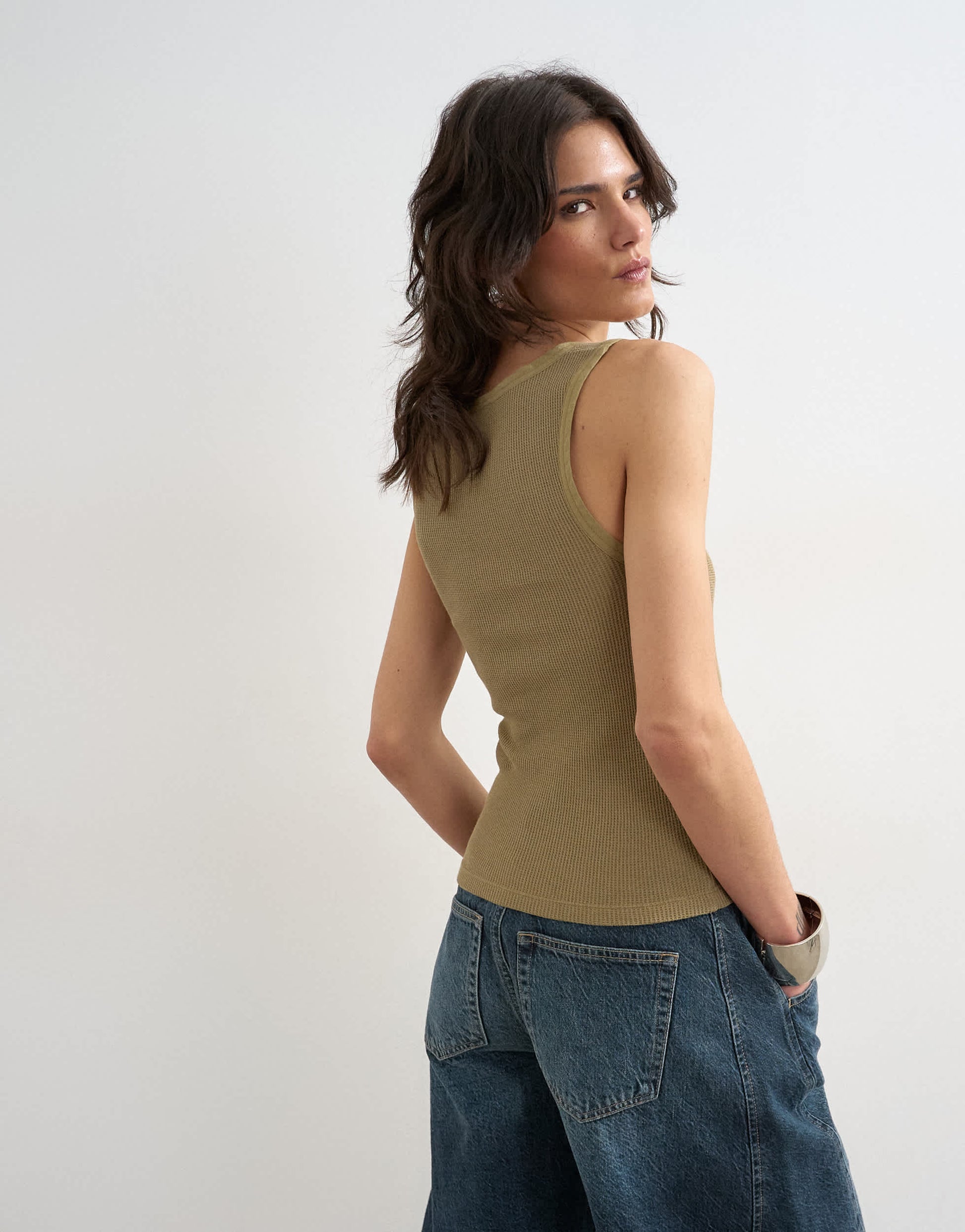 Topshop washed waffle vest with woven trim in khaki