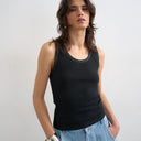 Topshop washed waffle vest with woven trim in washed black