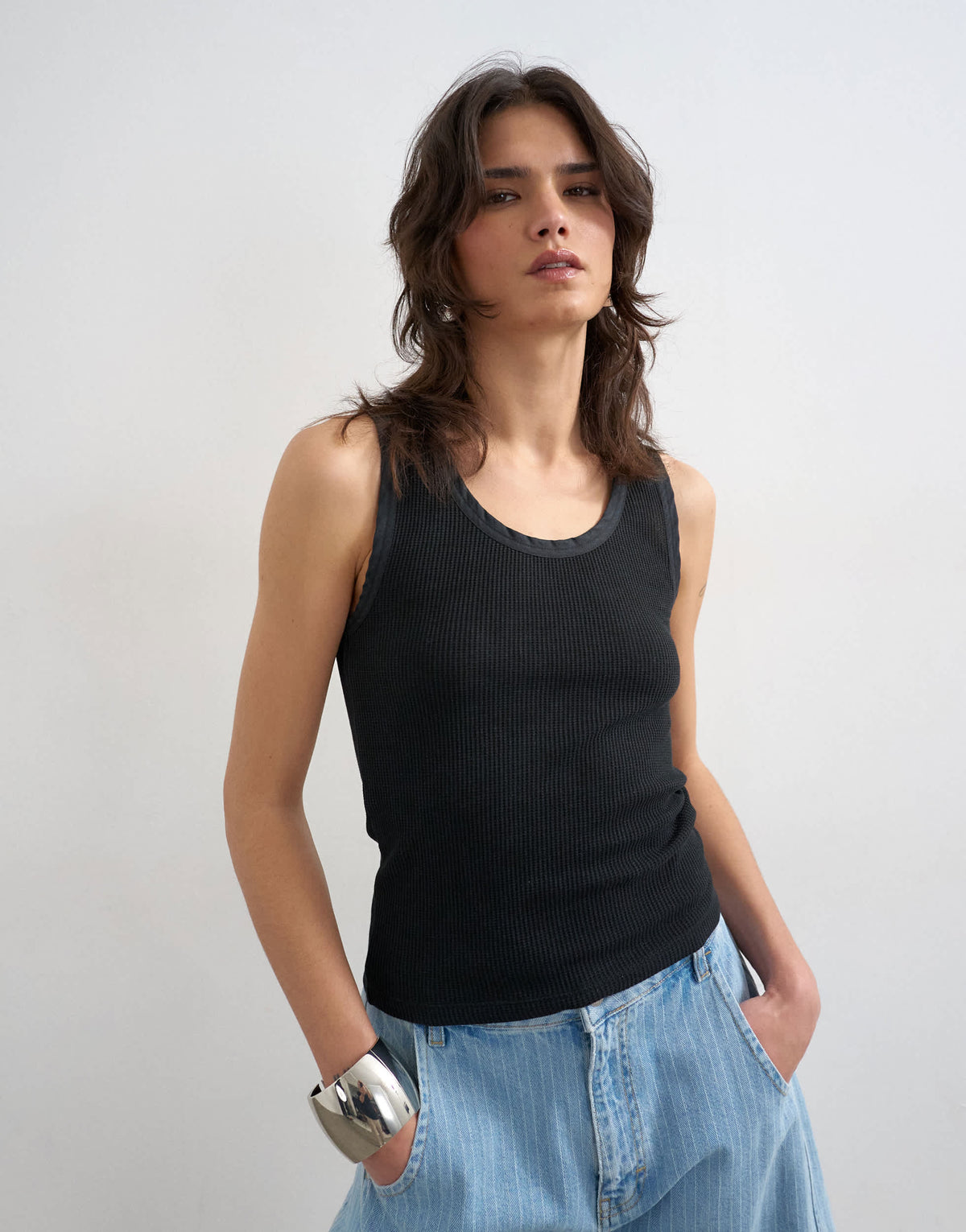 Topshop washed waffle vest with woven trim in washed black