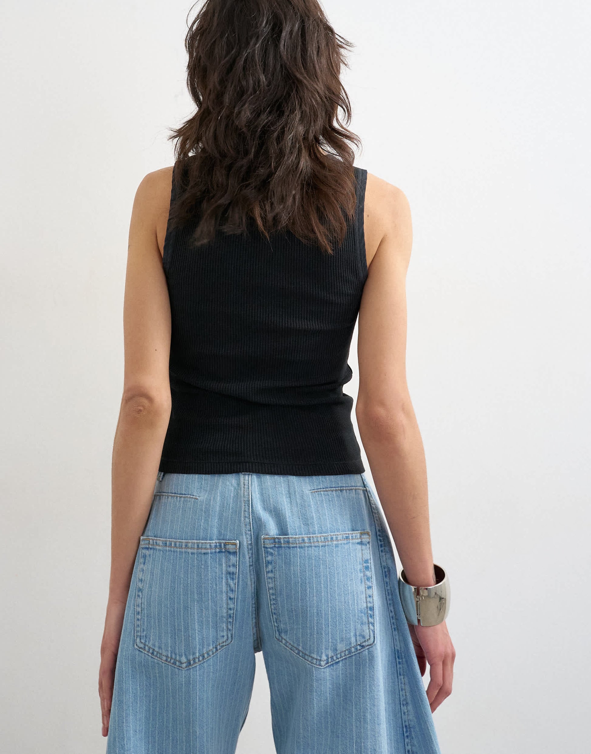 Topshop washed waffle vest with woven trim in washed black