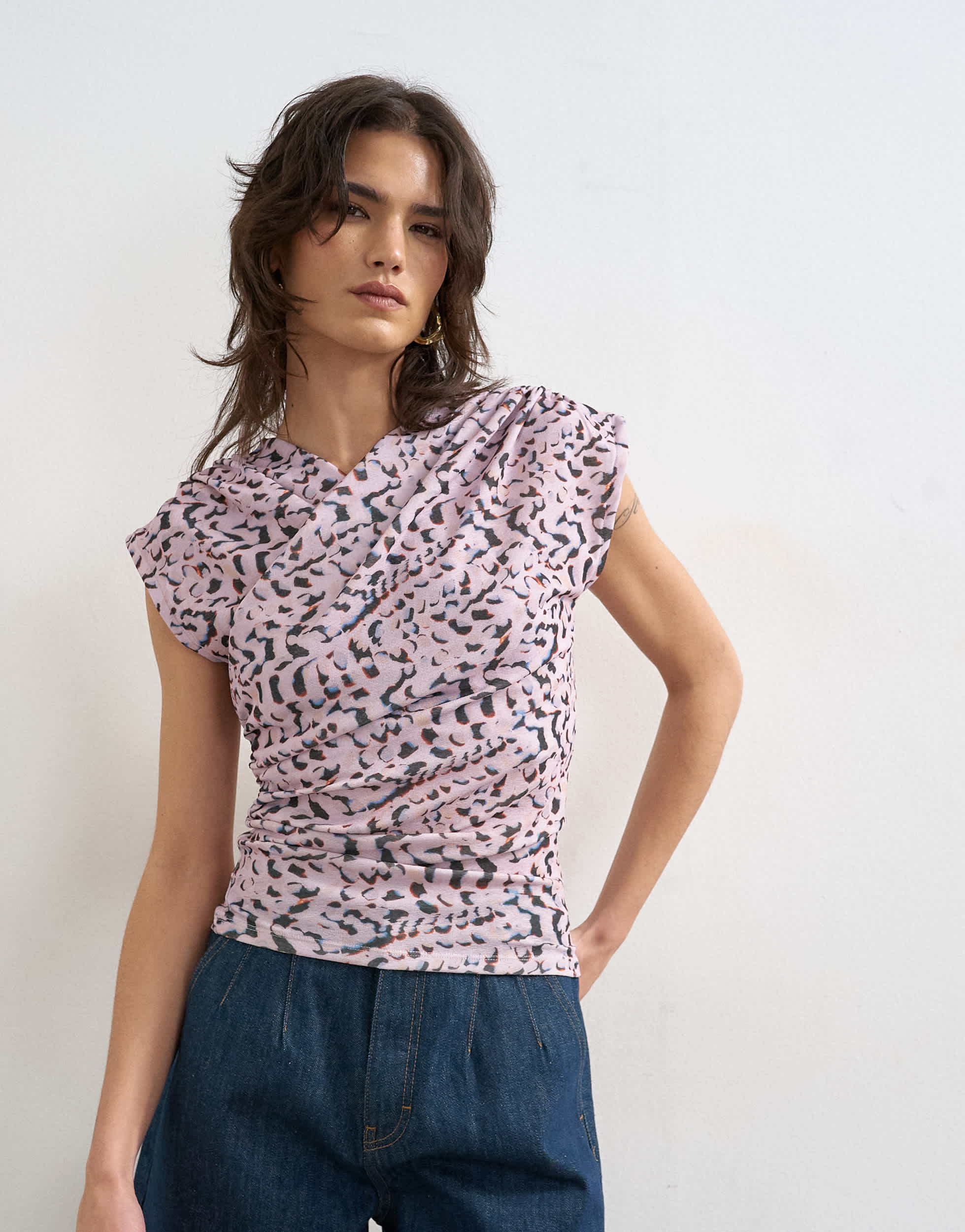 Topshop wrap front short sleeve top in multi