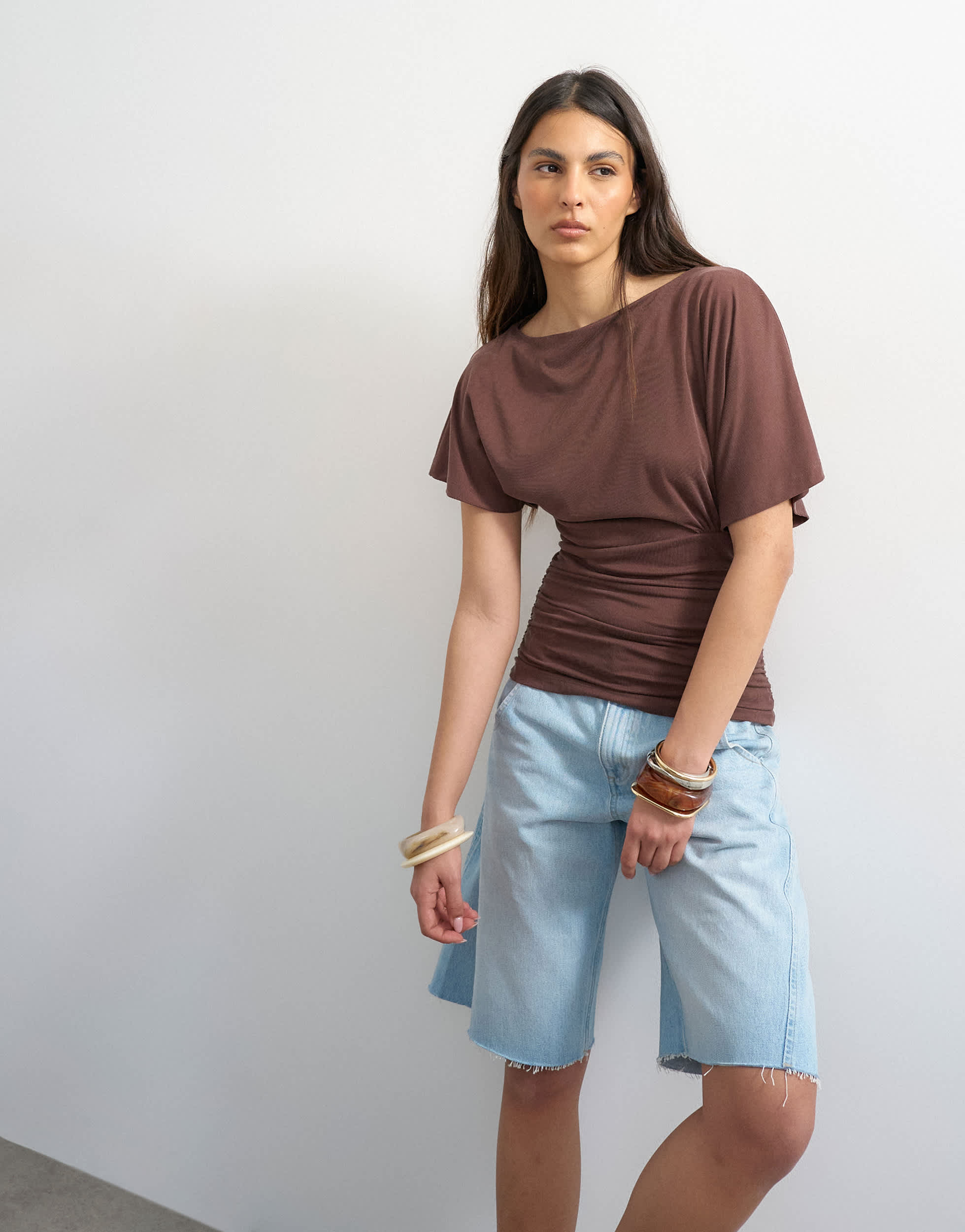 Topshop cupro ruched side top in brown