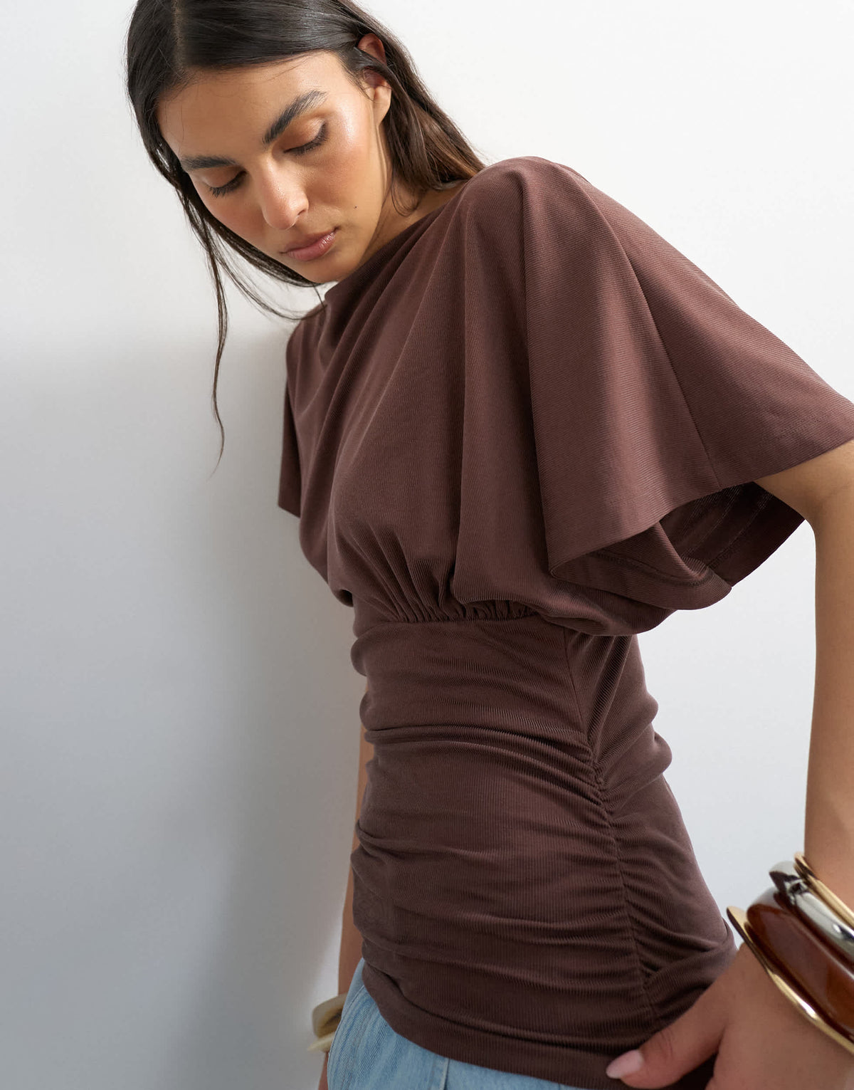Topshop cupro ruched side top in brown