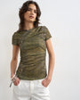 Topshop mesh ruched wrap short sleeve top in green