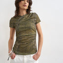 Topshop mesh ruched wrap short sleeve top in green
