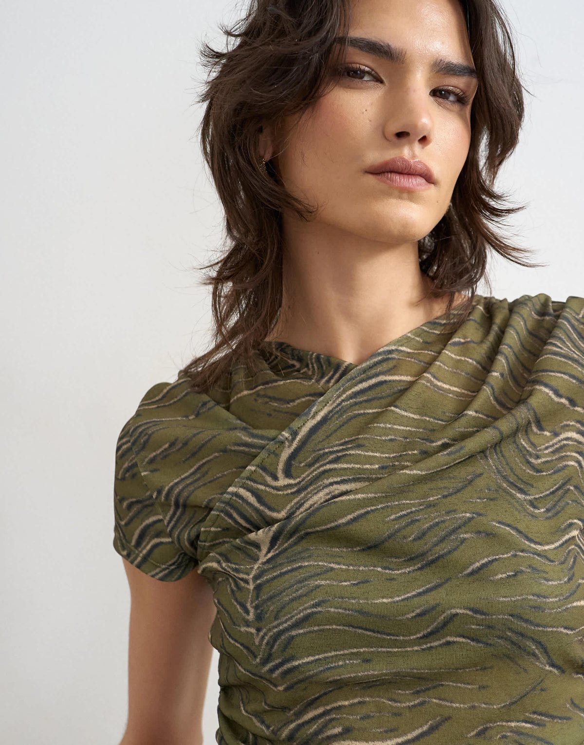 Topshop mesh ruched wrap short sleeve top in green