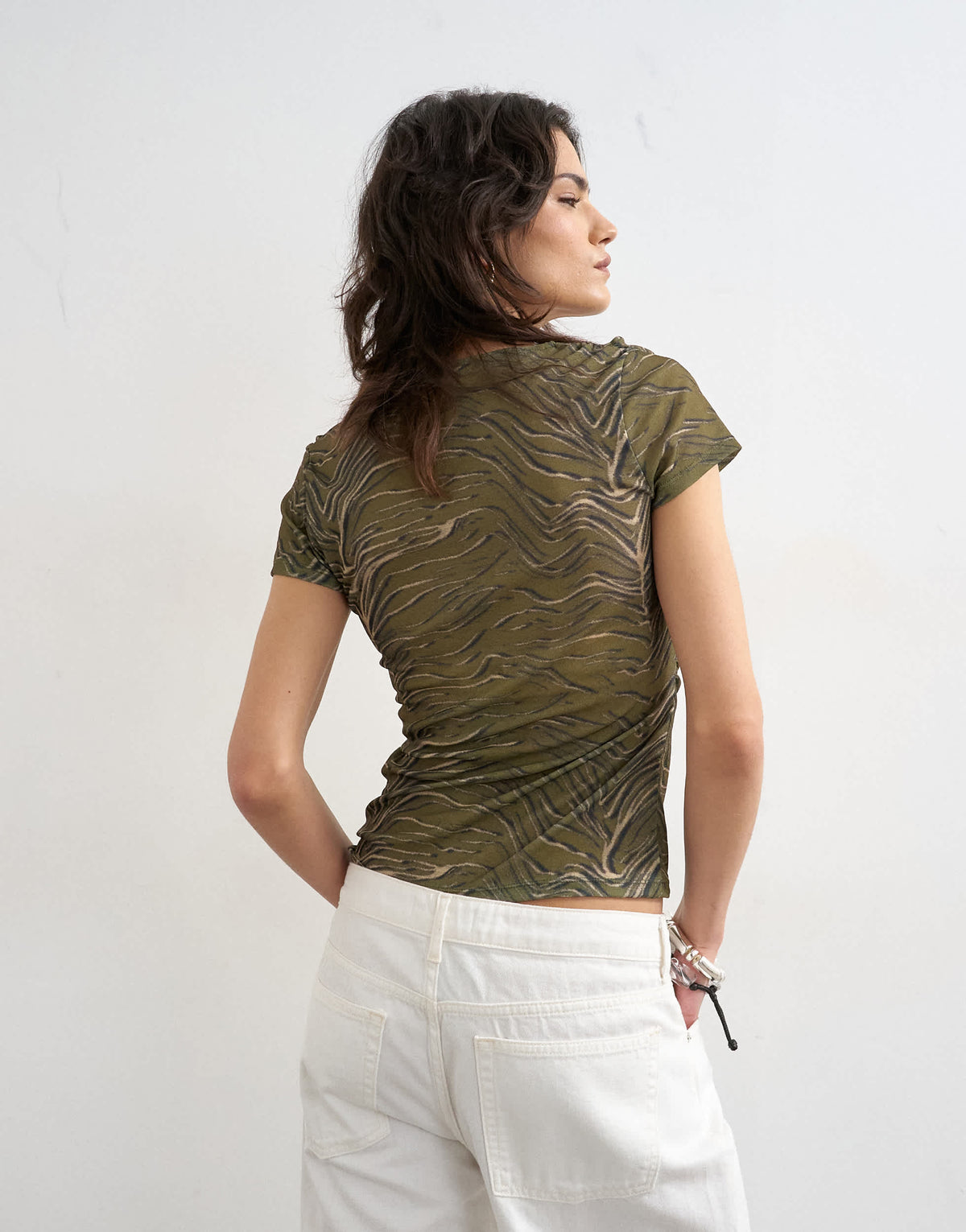 Topshop mesh ruched wrap short sleeve top in green