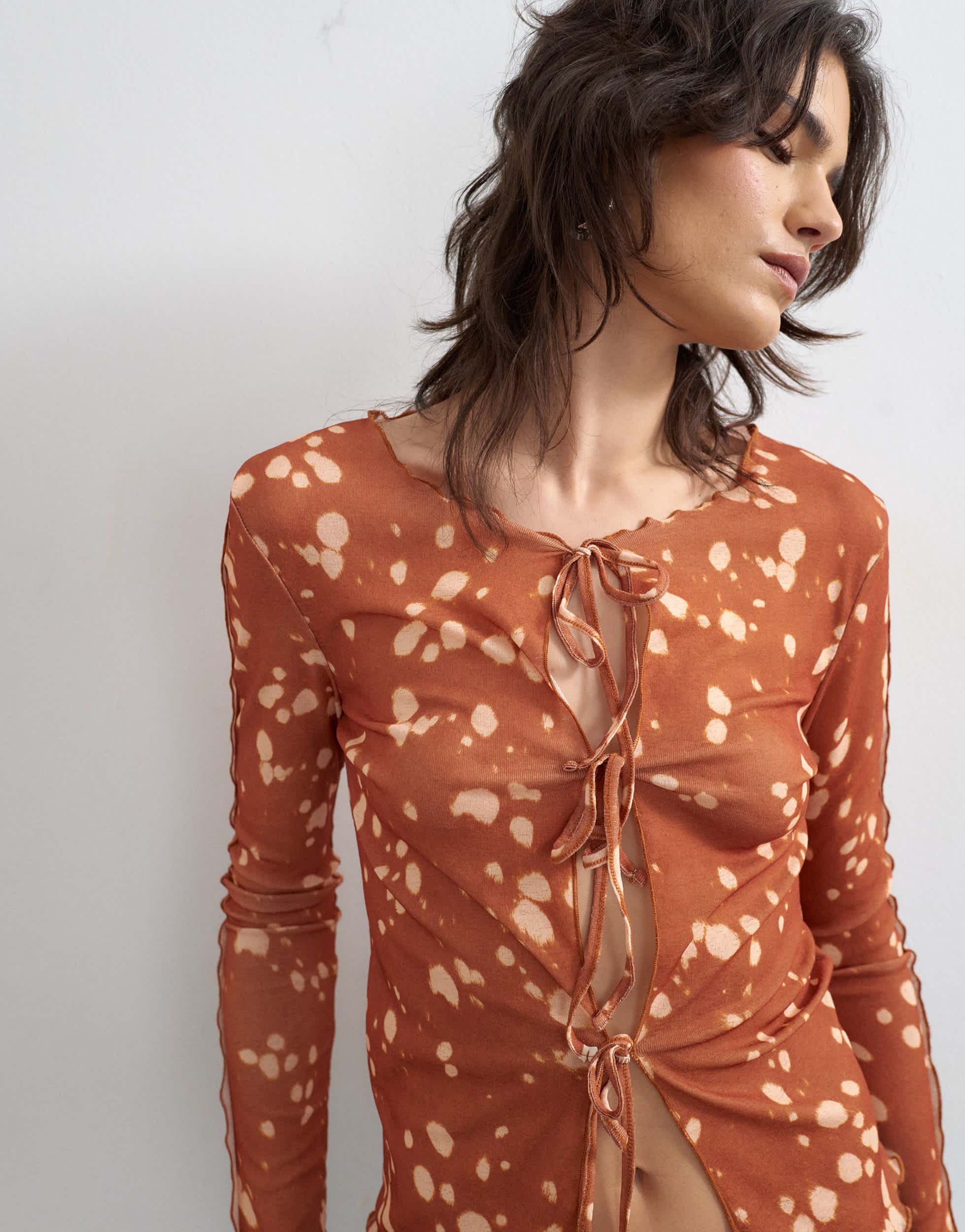 Topshop mesh tie front long sleeve top in deer print