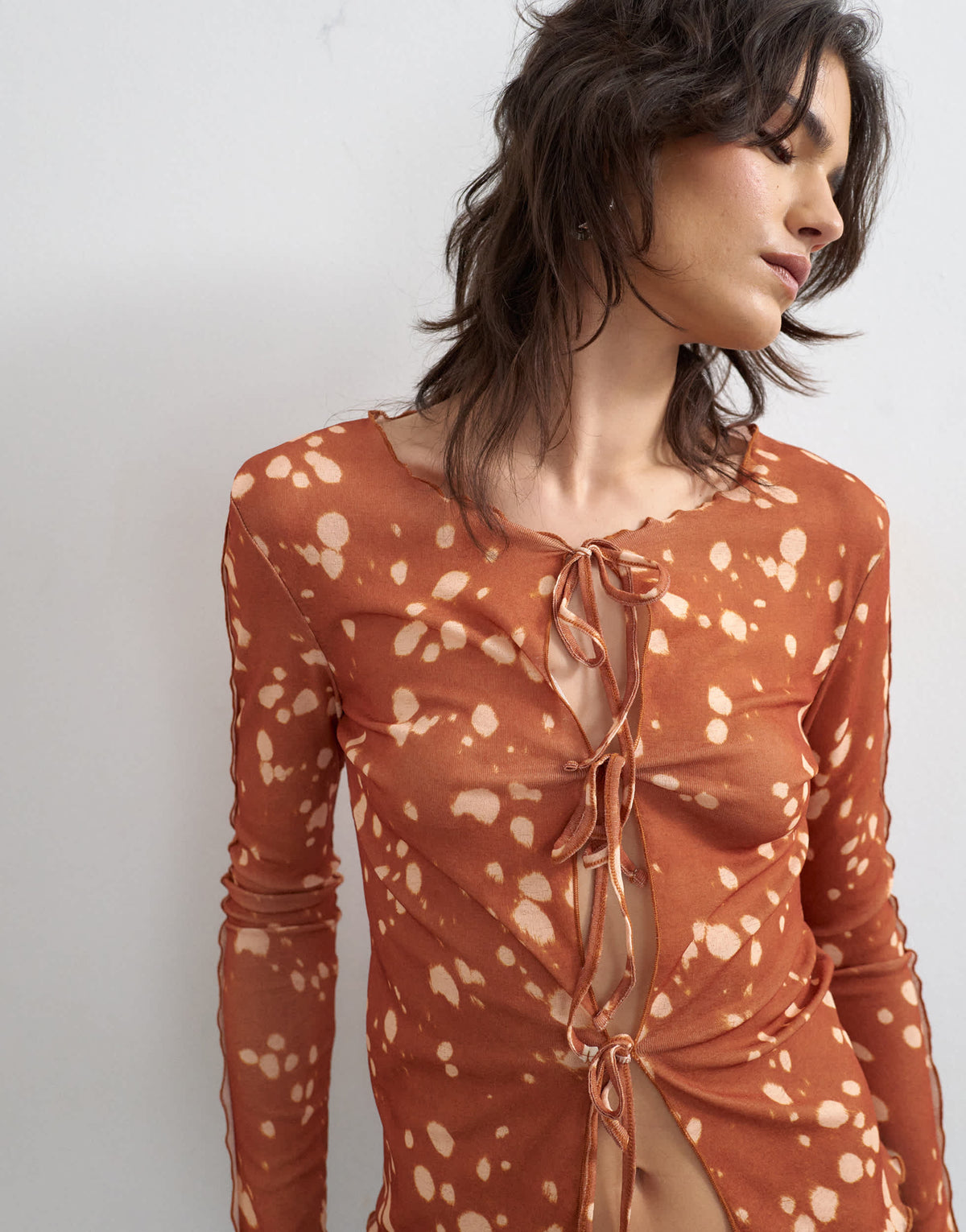 Topshop mesh tie front long sleeve top in deer print