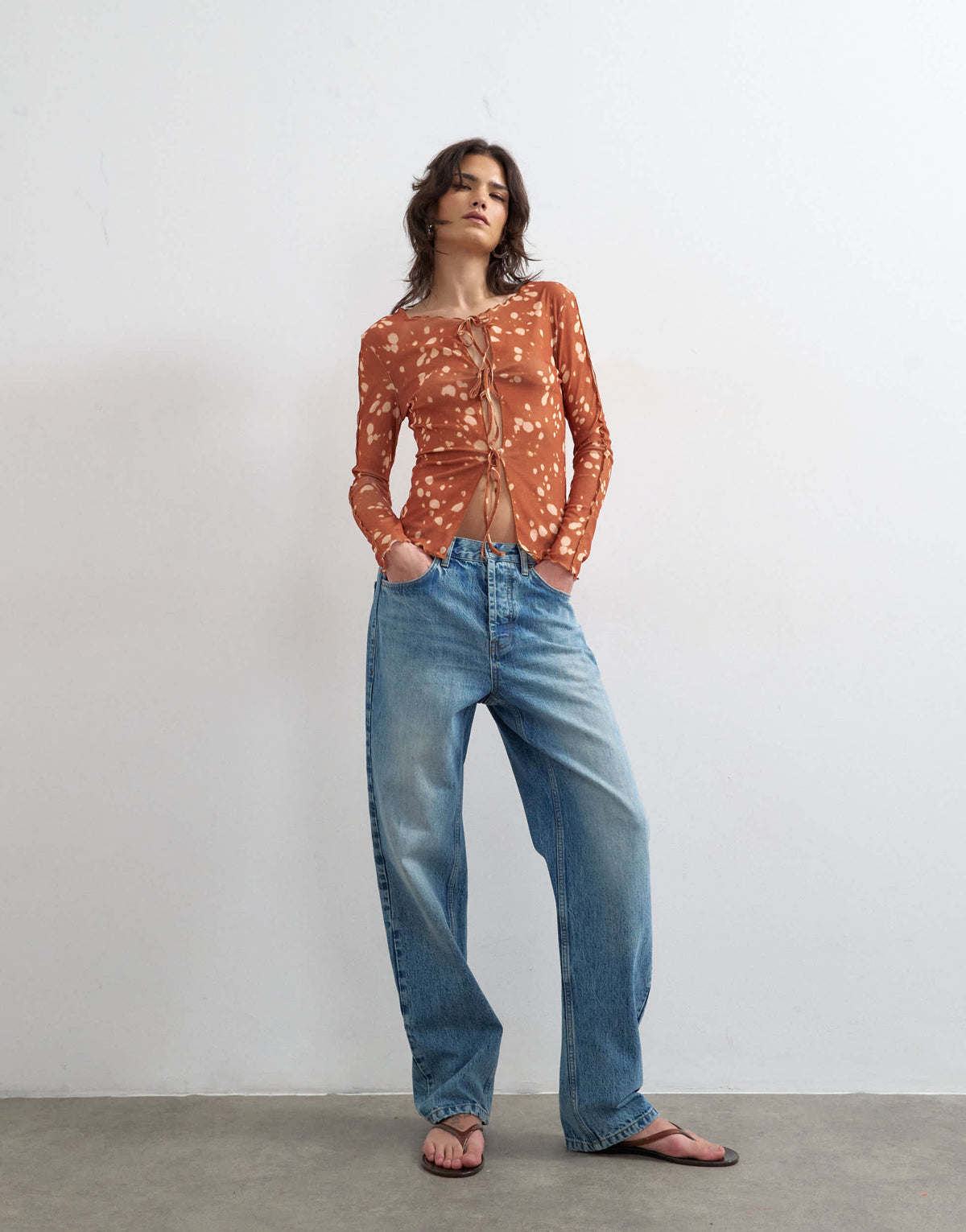 Topshop mesh tie front long sleeve top in deer print