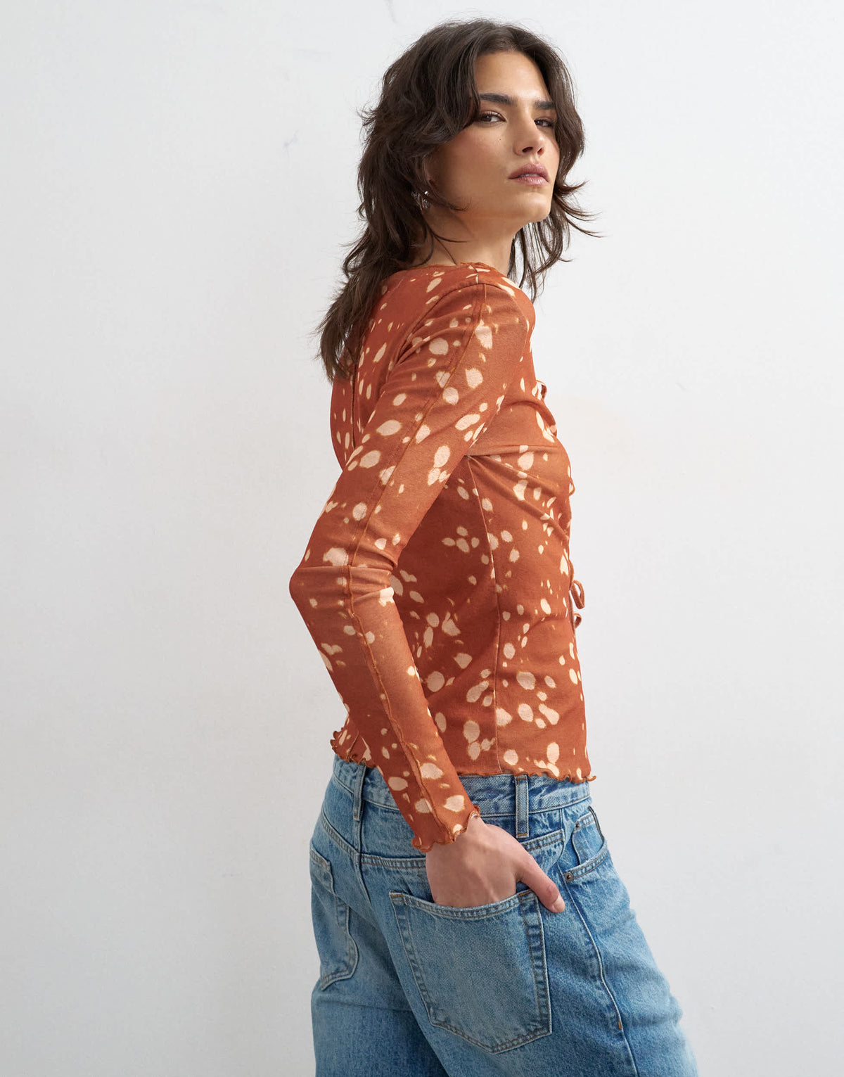 Topshop mesh tie front long sleeve top in deer print