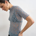Topshop lace fitted high neck half sleeve top in blue