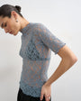 Topshop lace fitted high neck half sleeve top in blue