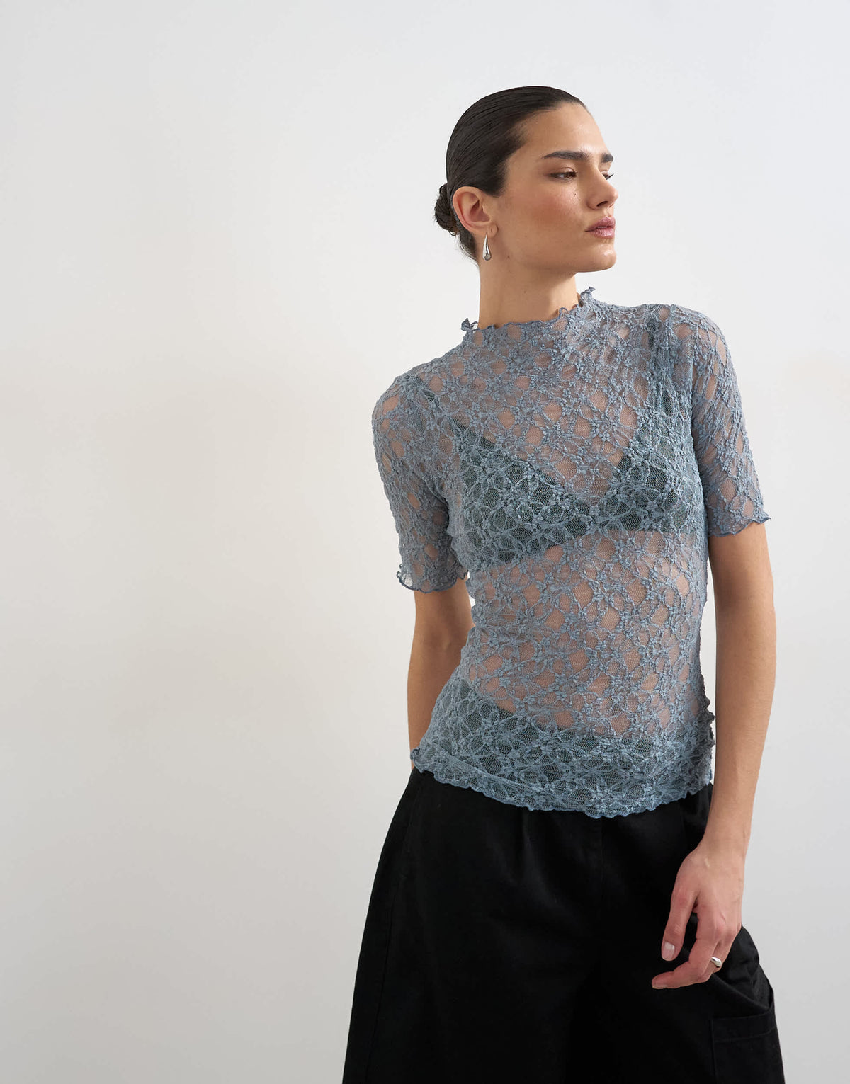 Topshop lace fitted high neck half sleeve top in blue