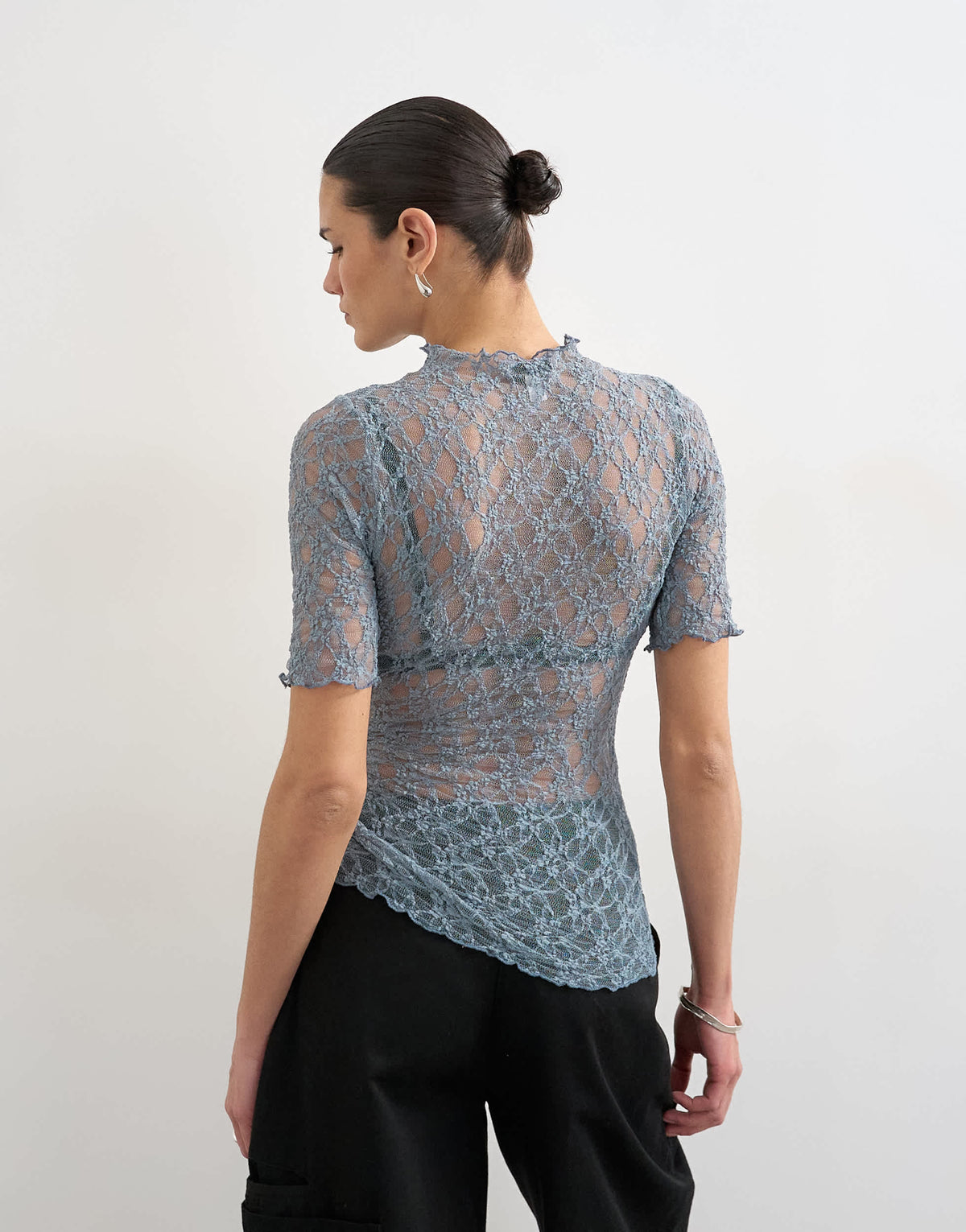 Topshop lace fitted high neck half sleeve top in blue